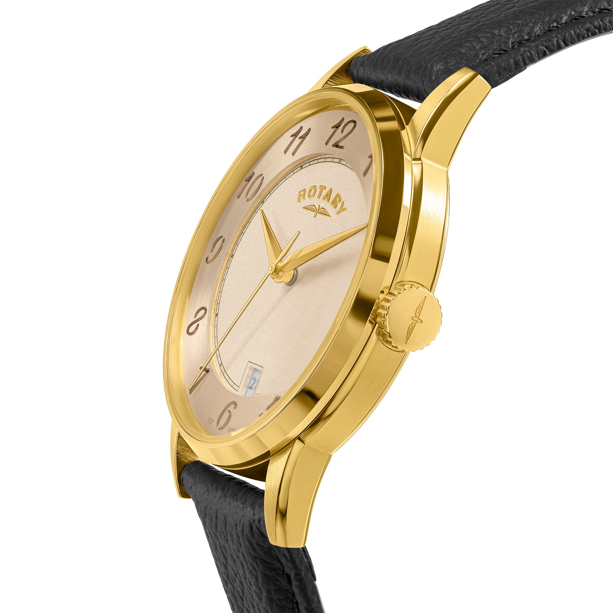 Gold Rotary men's wristwatch with black strap on a white background