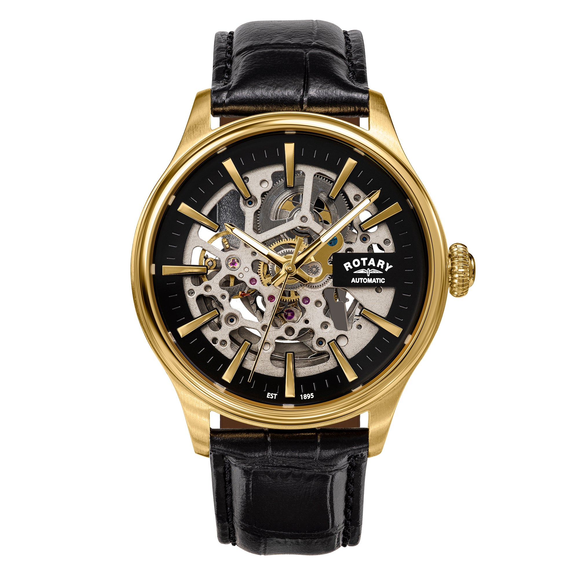 Gold Rotary wristwatch with black leather strap on a white background