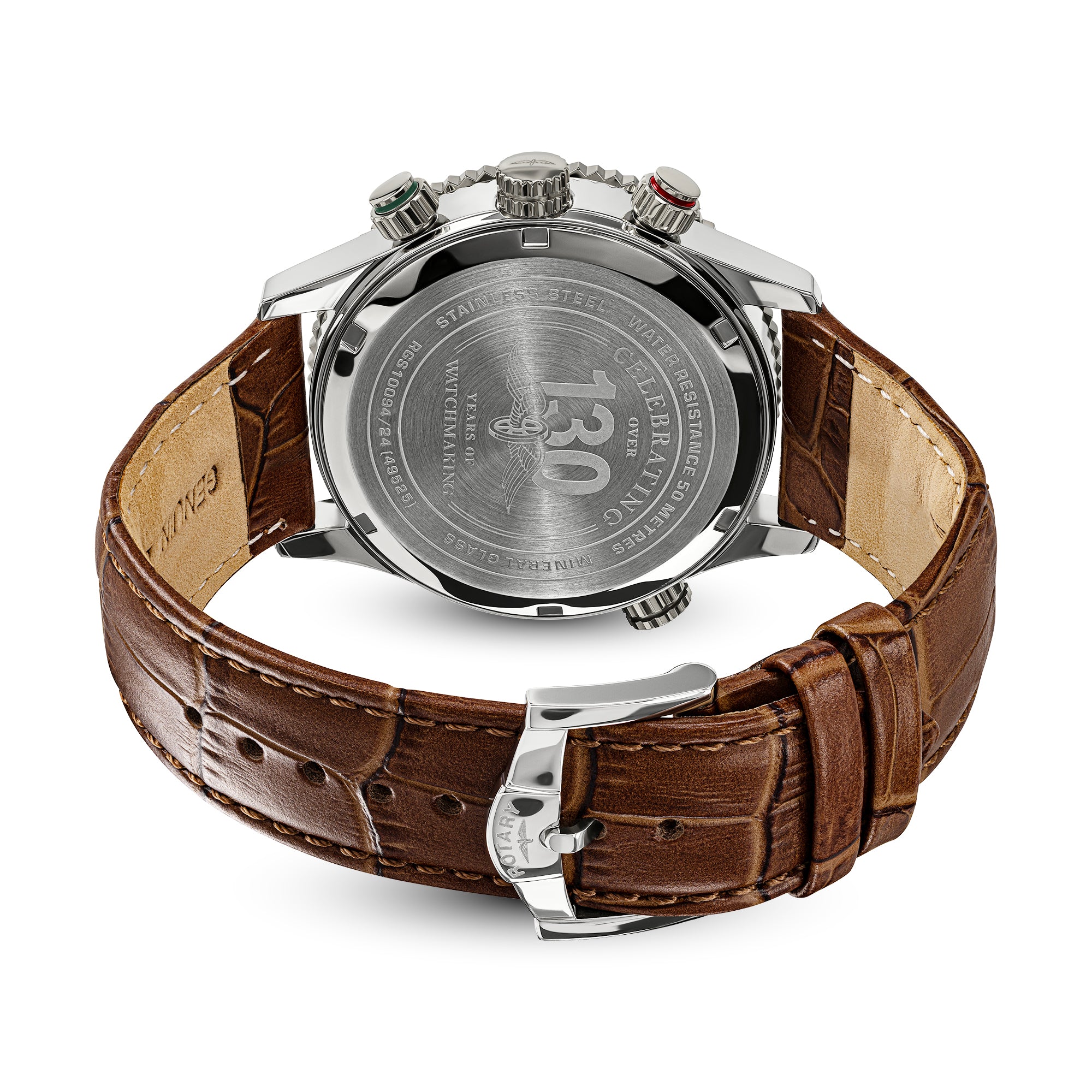 The back view of a Rotary Pilot Chronograph wristwatch with a silver stainless steel case and a brown alligator-pattern leather strap, featuring a silver buckle and a detailed engraving on the case back.