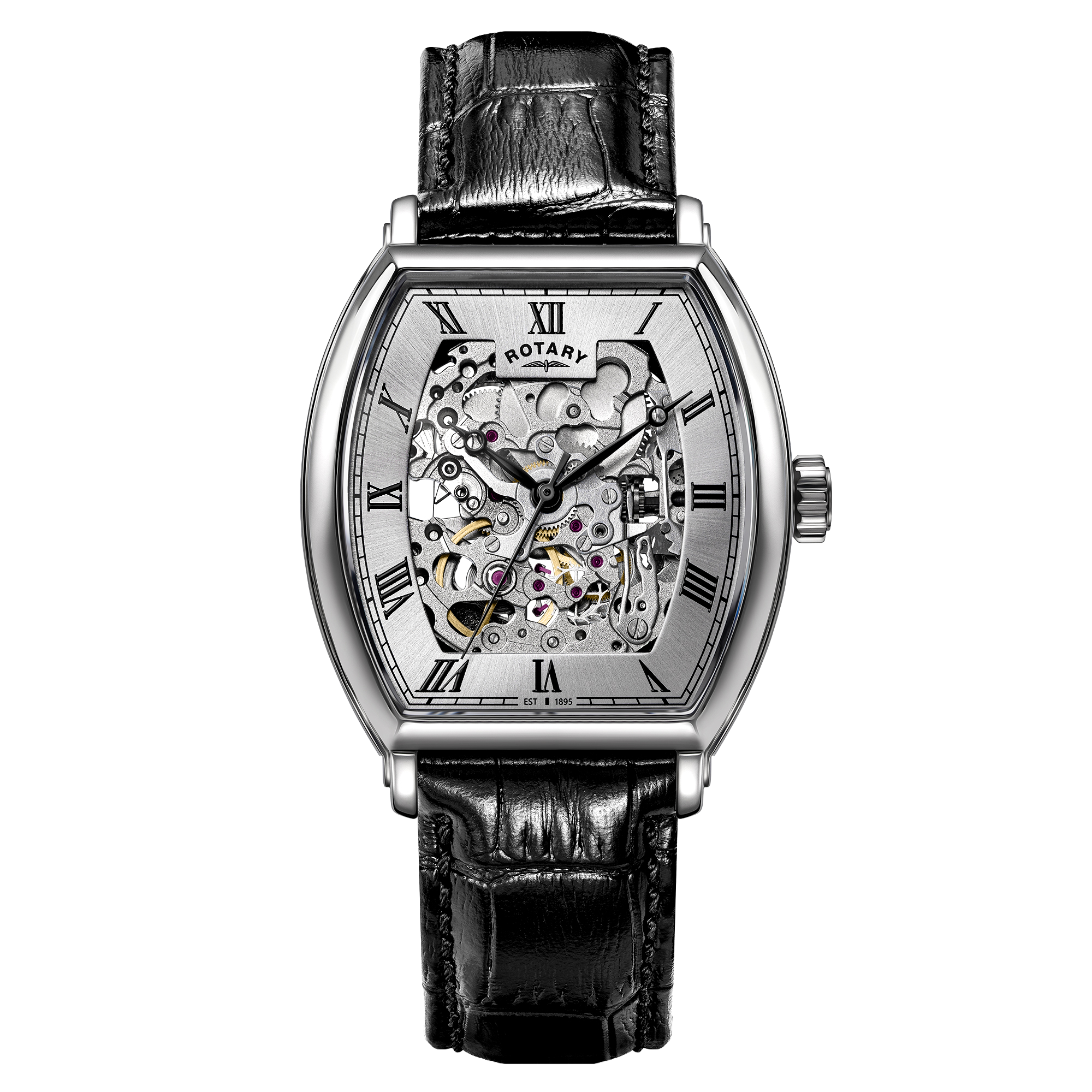 A luxury Rotary Greenwich Tonneau skeleton watch by ROTARY featuring a silver-tone stainless steel case, a detailed open-heart dial showing the mechanical movement, and a black alligator leather strap, set against a plain white background.