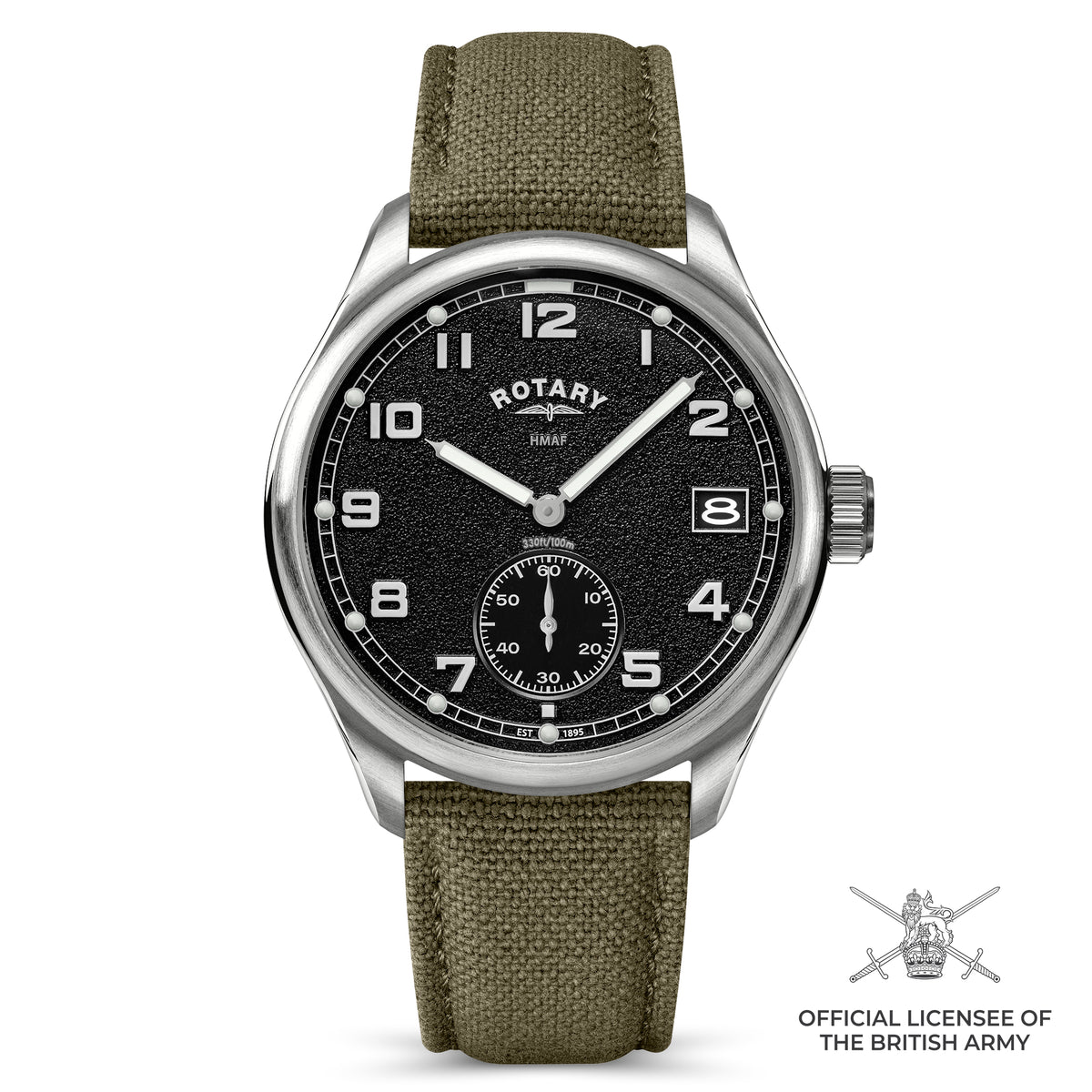 A Rotary watch with a black dial, silver-tone stainless steel case, and an olive green canvas strap, shown against a plain white background with an official licensee badge in the bottom right corner.