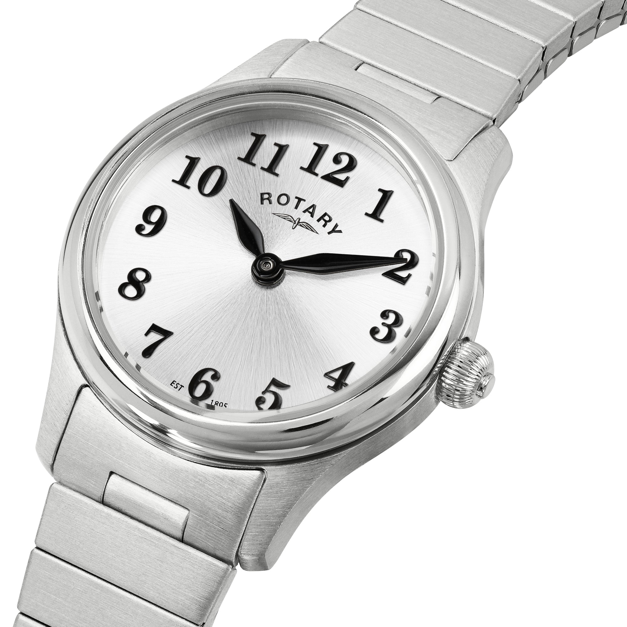 Silver Rotary wristwatch with a white face on a white background