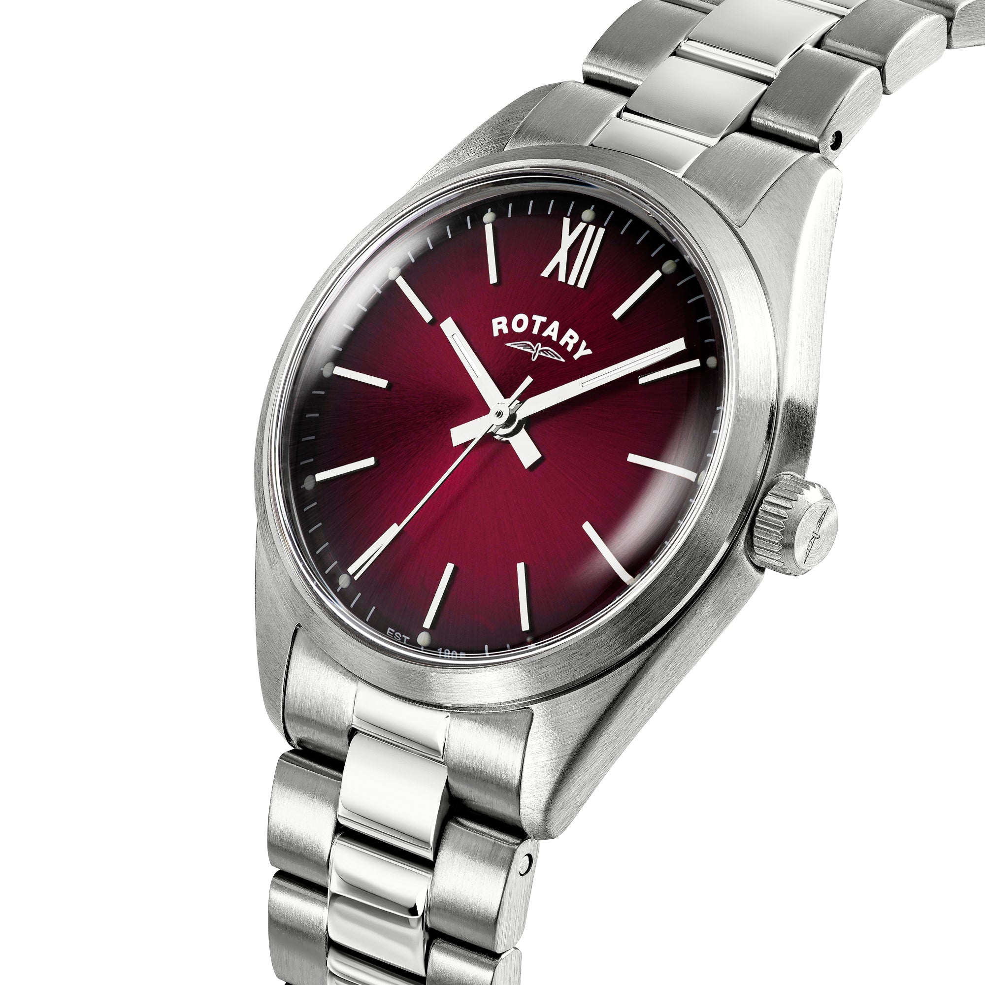 Silver Rotary wristwatch with a red dial on a white background