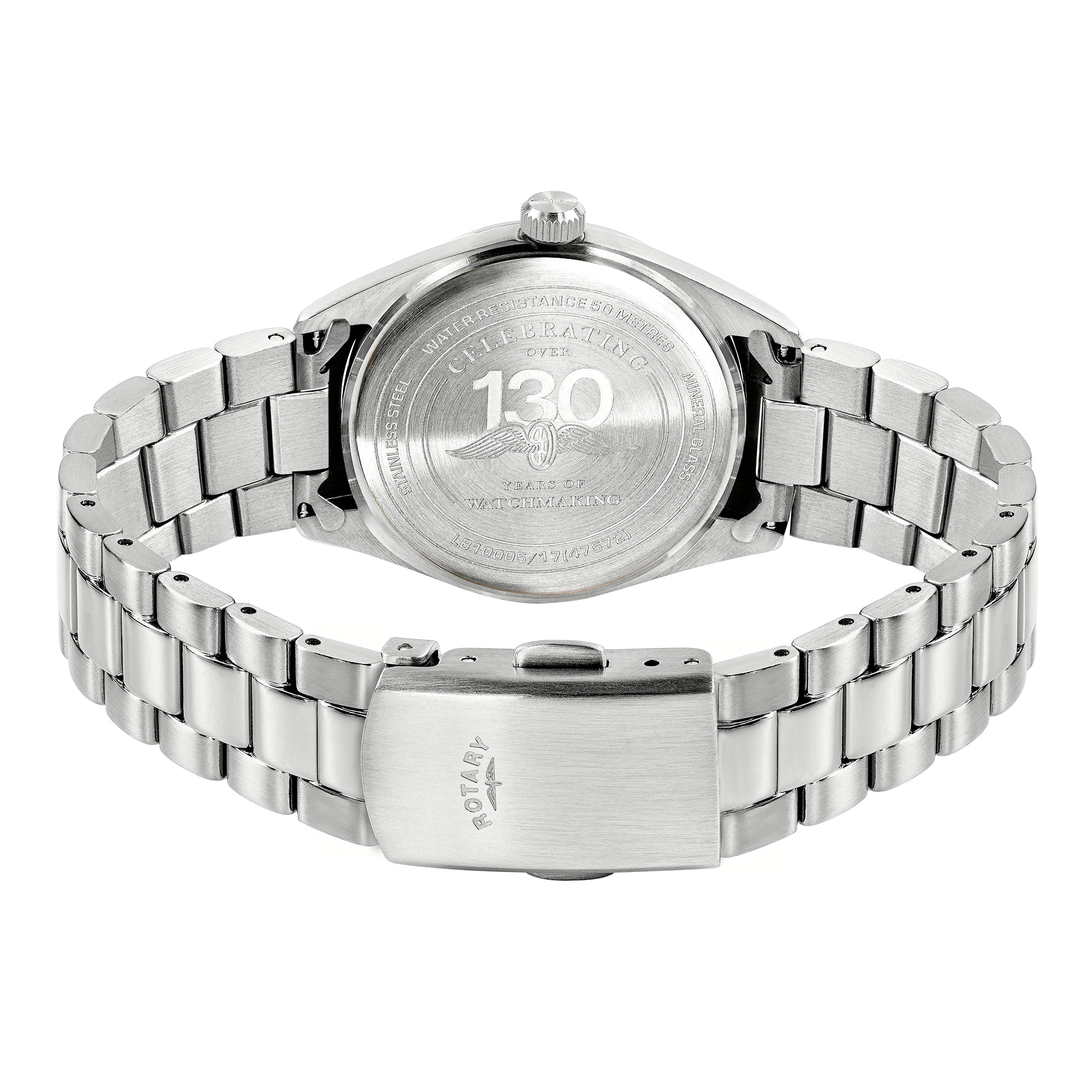 Silver Rotary wristwatch with metal band on a white background