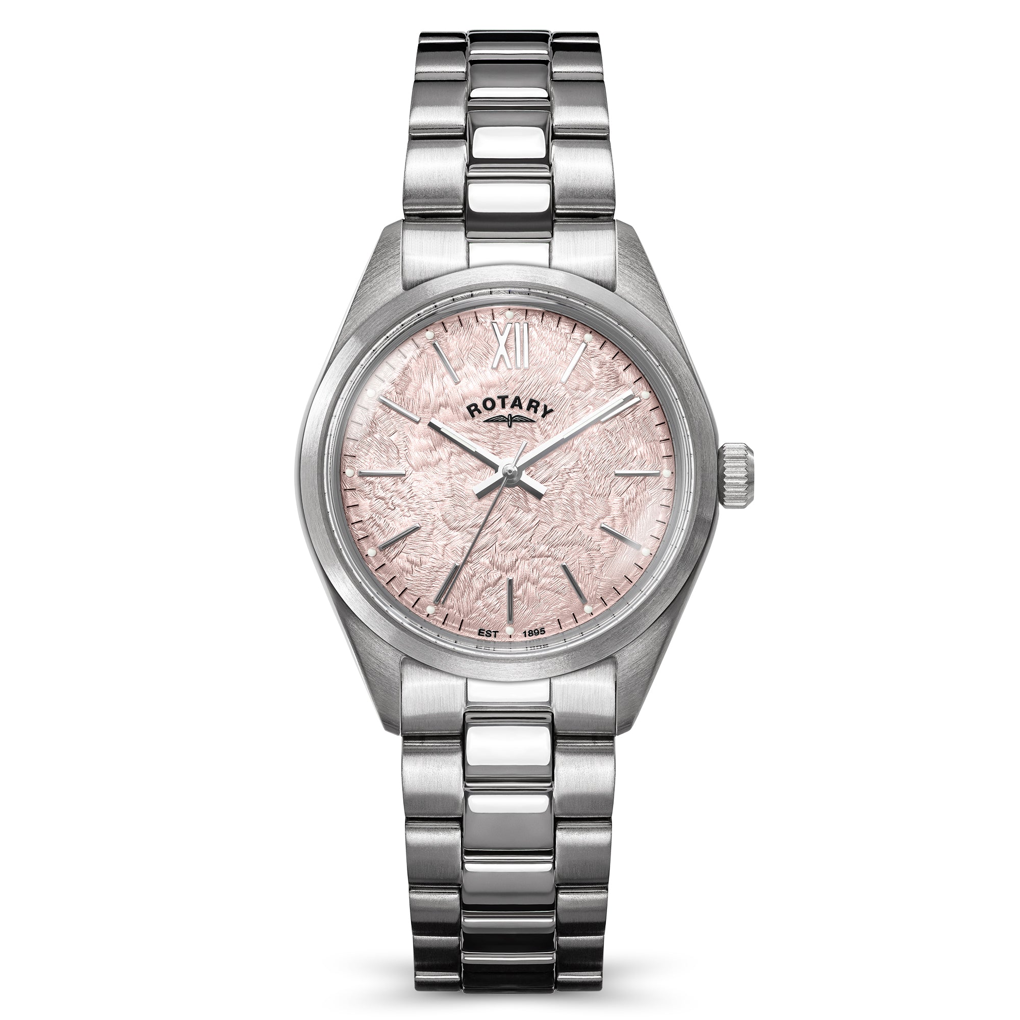 Silver Rotary ladies wristwatch with a pink floral patterned dial on a white background