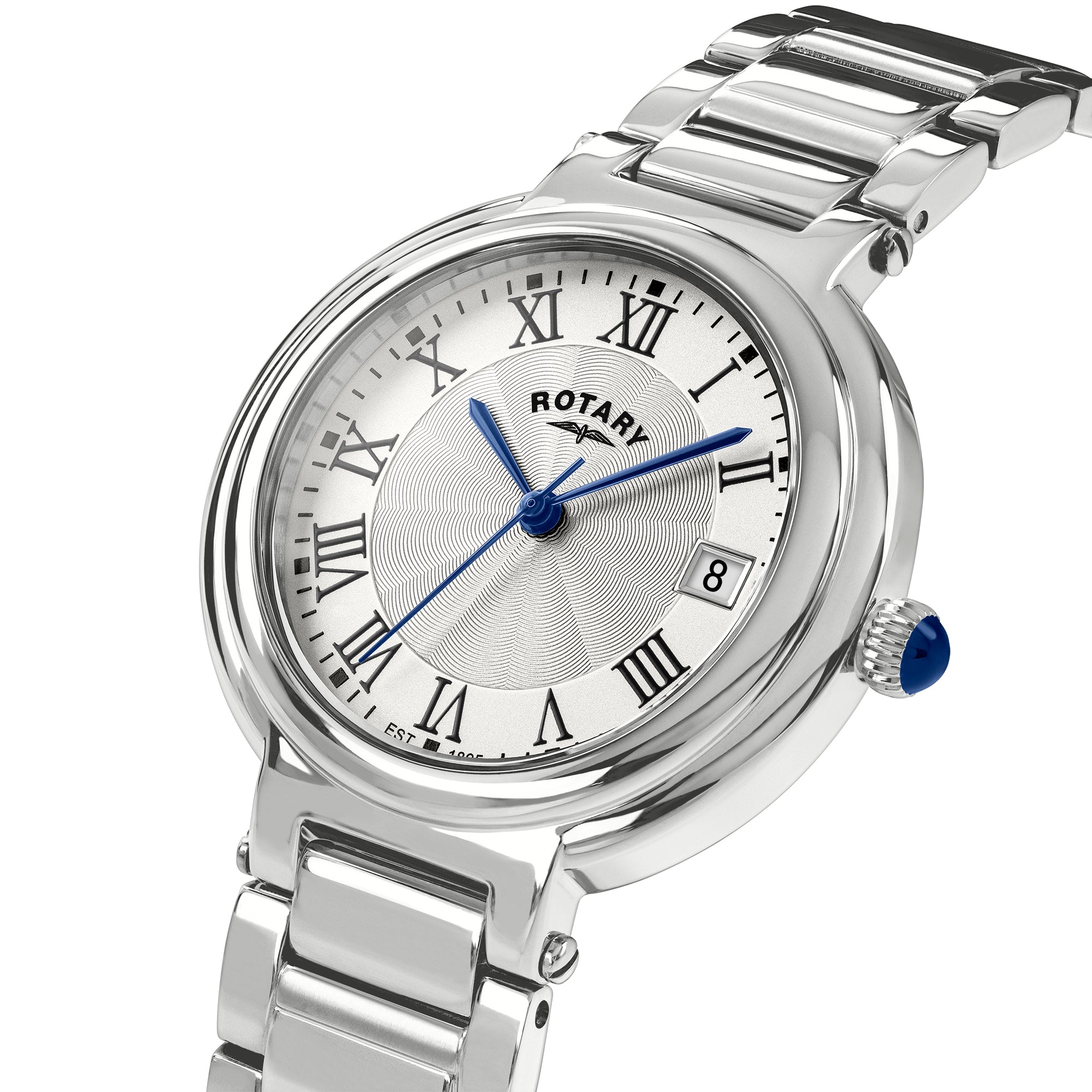 Silver rotary wristwatch with a white face and blue hands on a white background