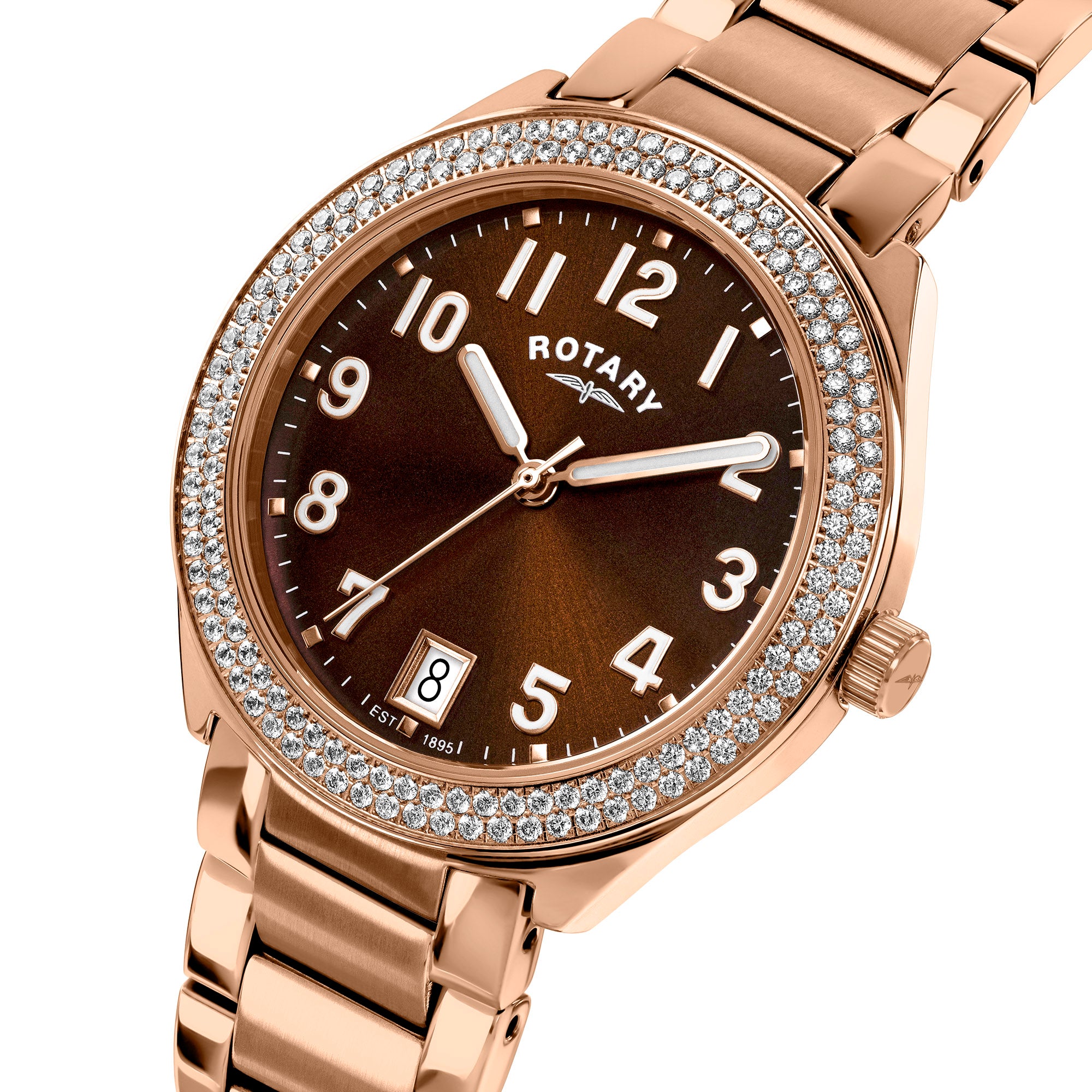 Rotary Brilliance rose gold watch with brown dial and gem-set accents on a white background