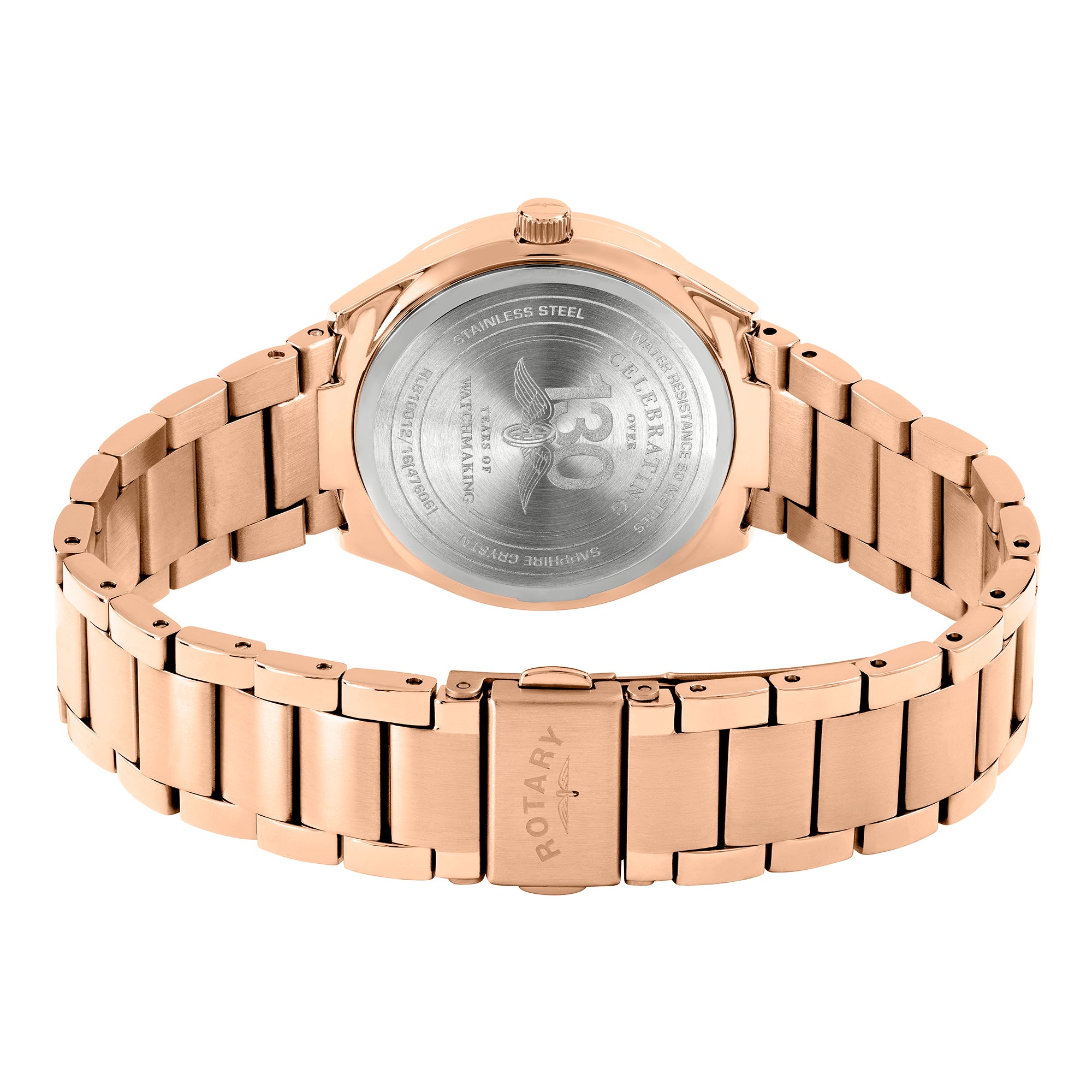 Rose gold Rotary Brilliance watch with a metallic band on a white background