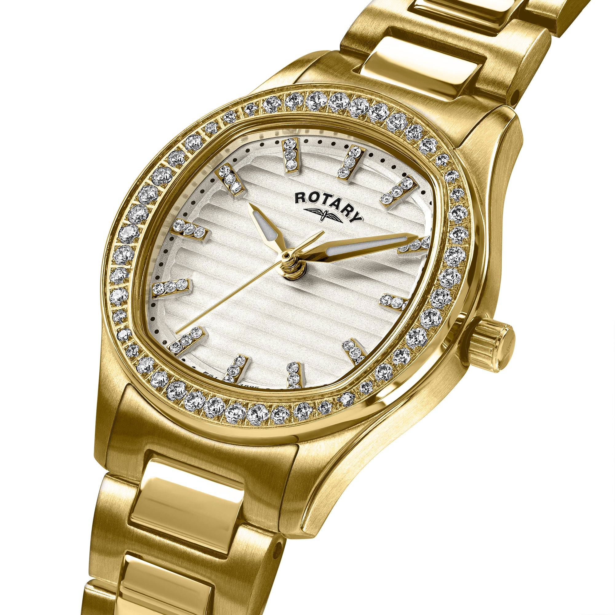 Gold Rotary wristwatch with gemstone accents on a white background