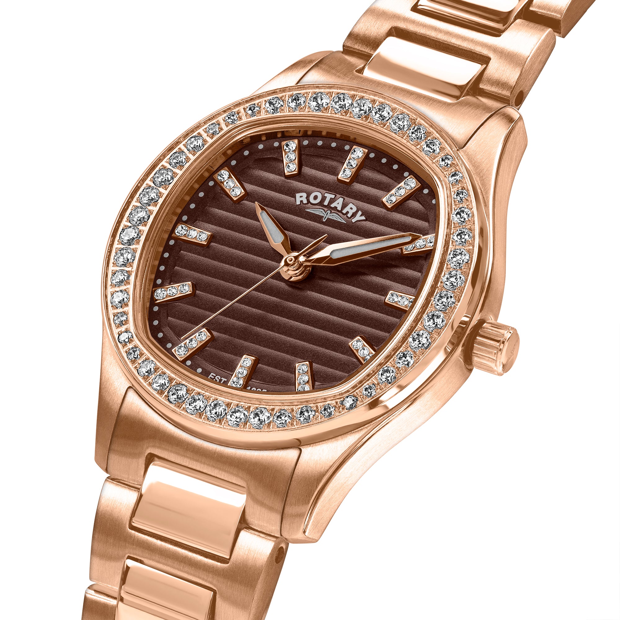 Rose gold Rotary watch with brown dial and gem-set accents on a white background