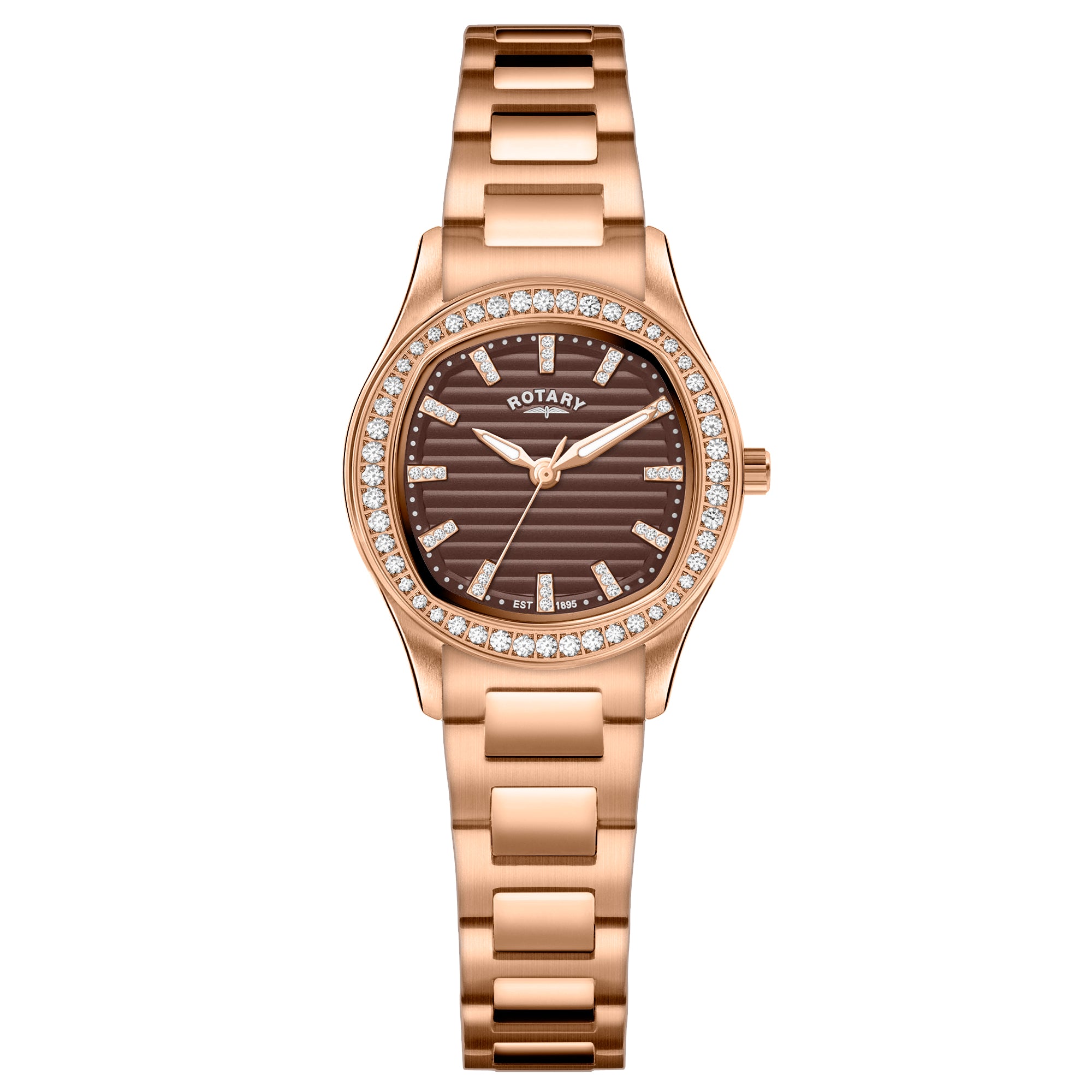 Rose gold watch with gem-studded bezel on a white background