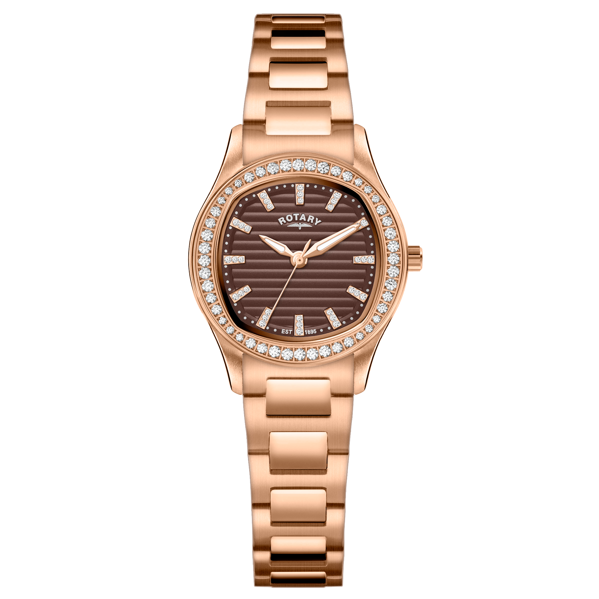 Rose gold Rotary brilliance watch with gem set accents on a white background