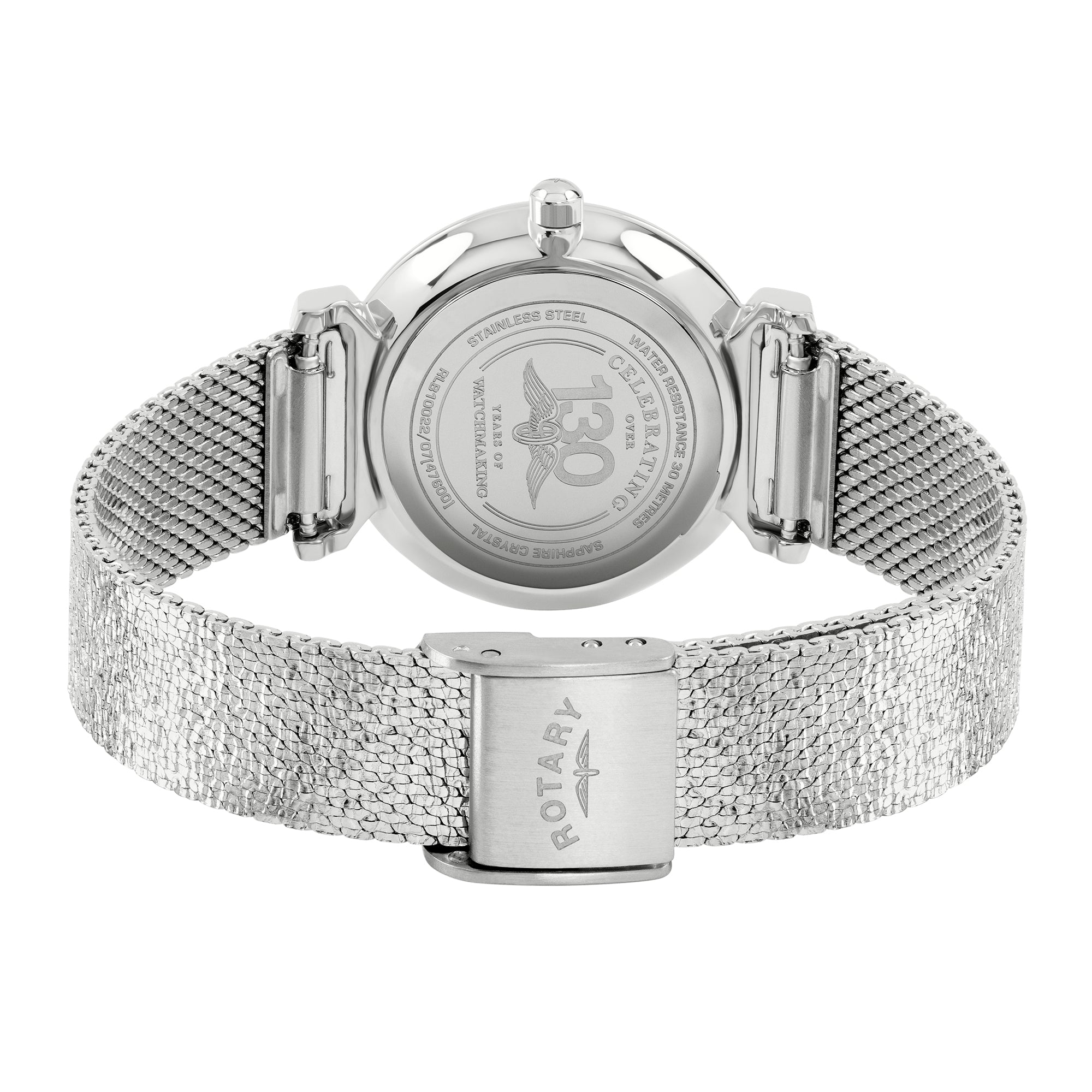 Silver Rotary watch with mesh band on a white background