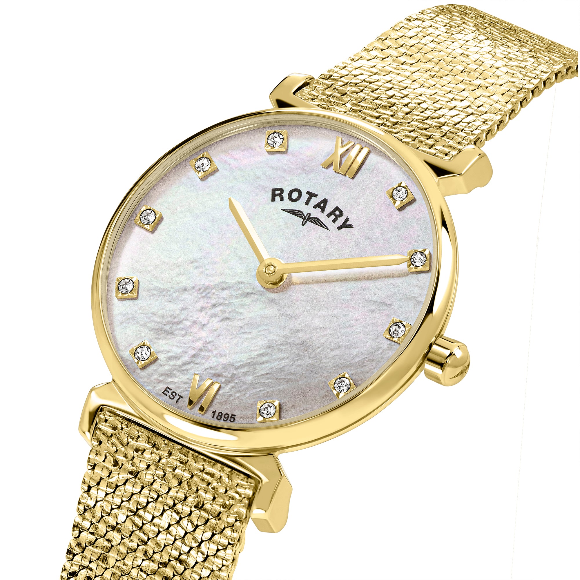 Gold Rotary wristwatch with a mother of pearl face on a background