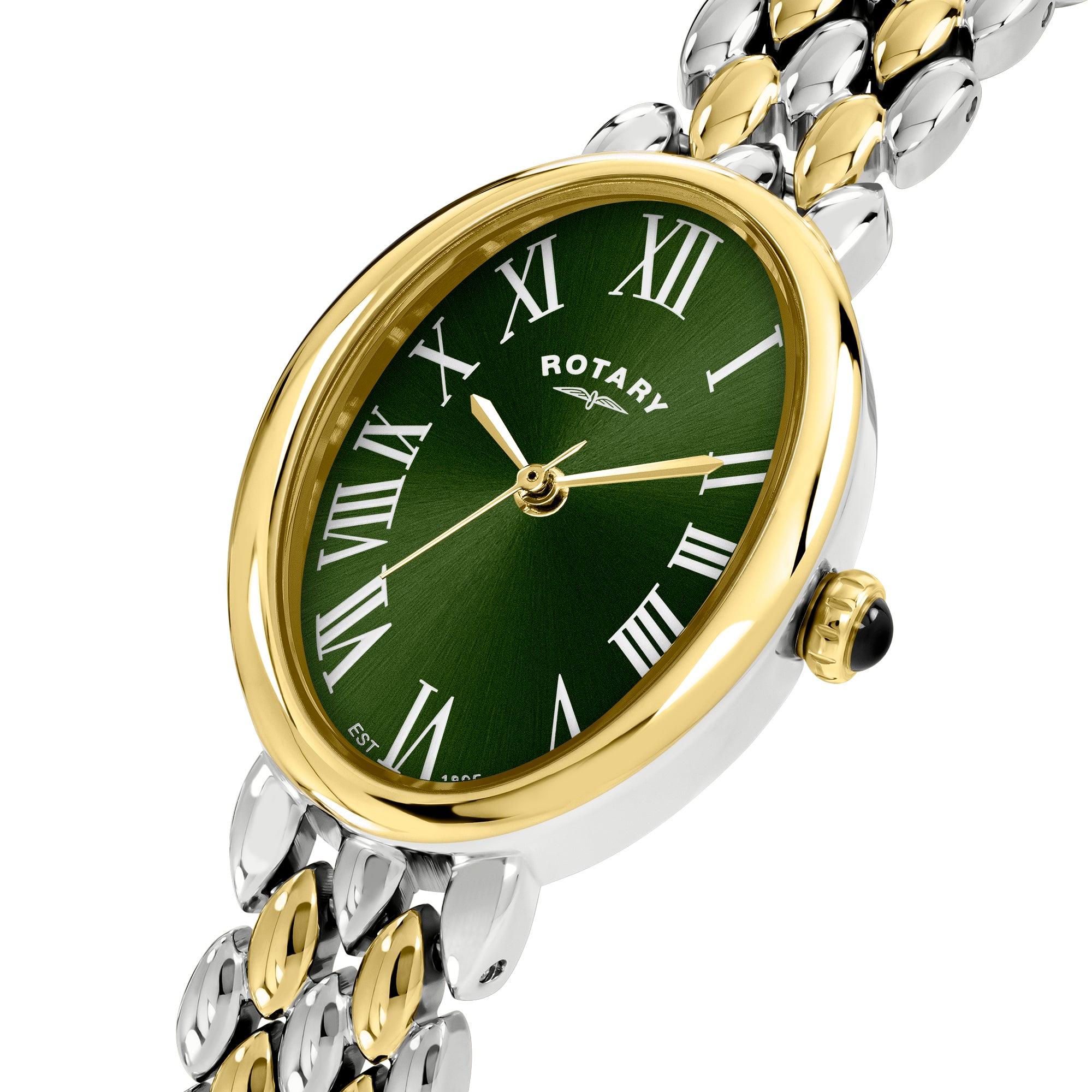 Rotary watch with green face, gold and silver band on white background