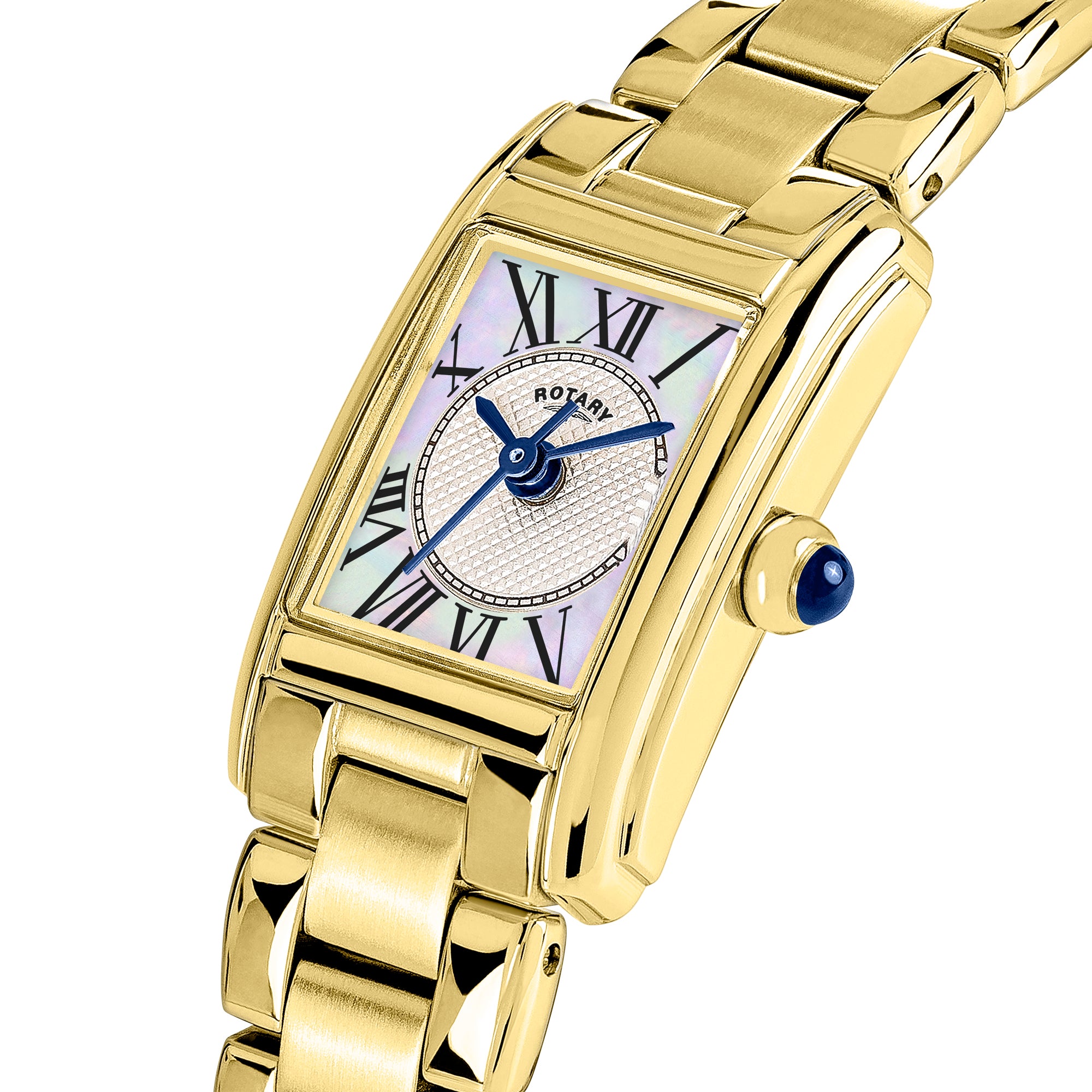 Gold Rotary wristwatch with a mother of pearl face and blue accents on a white background
