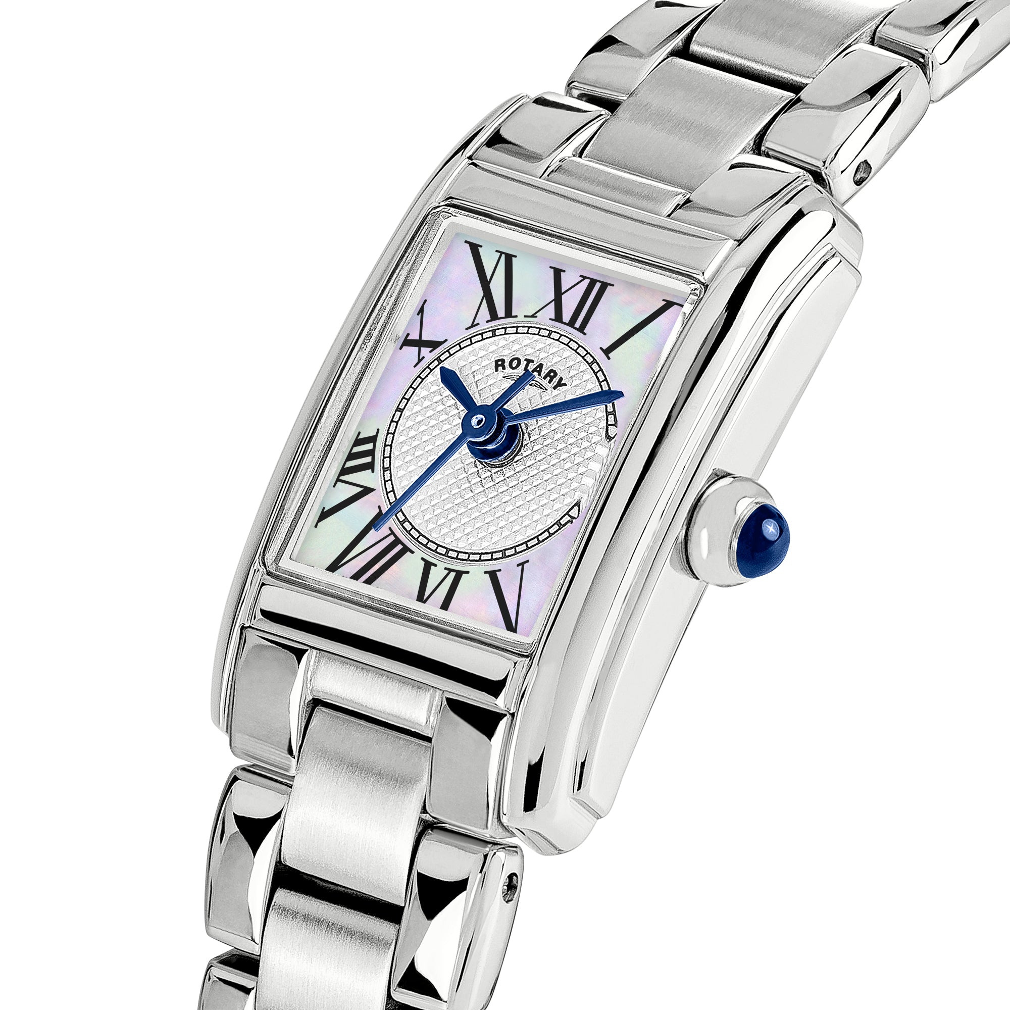 Silver Rotary wristwatch with a white face and blue accents on a white background