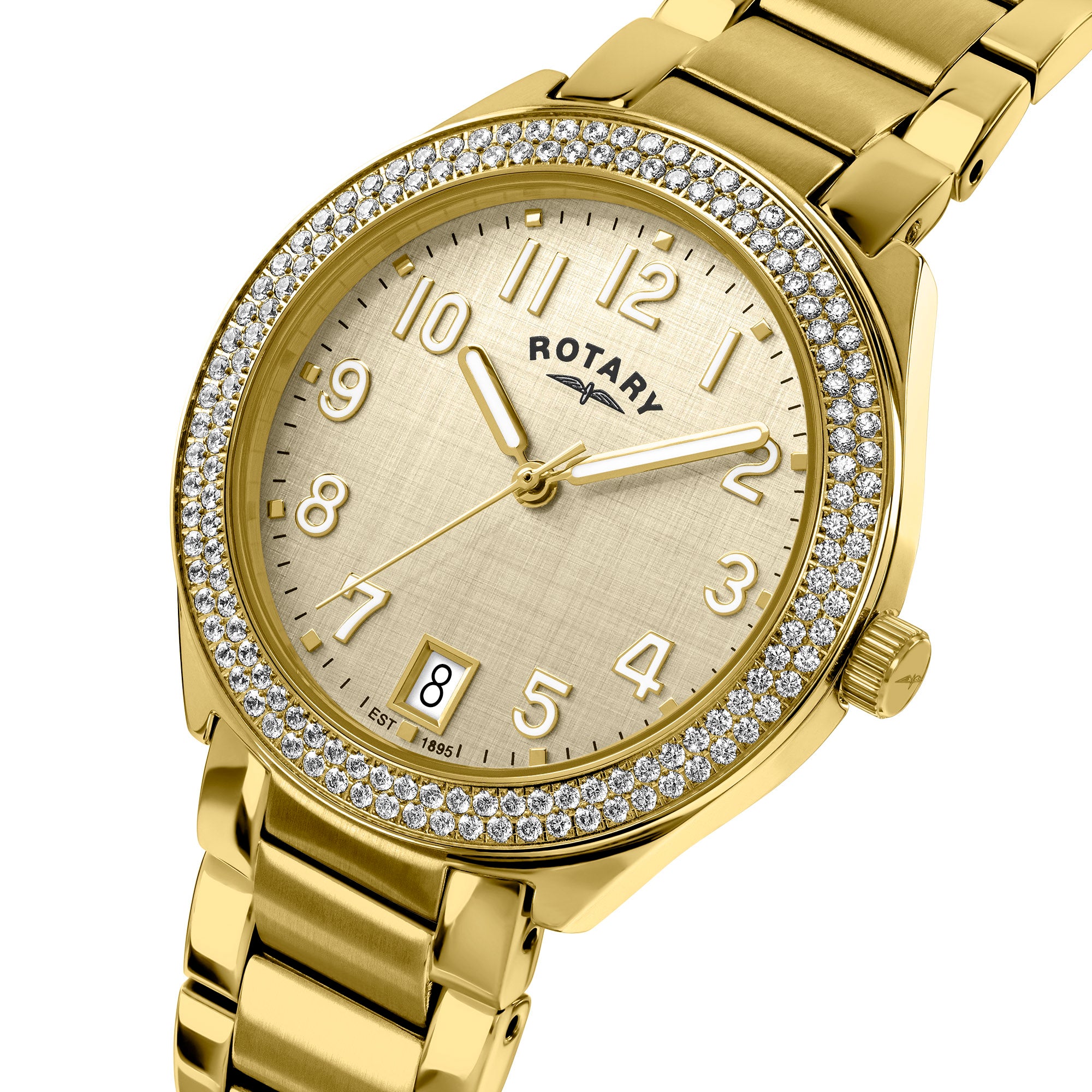 Rotary Brilliance gold wristwatch with gemstone accents on a white background