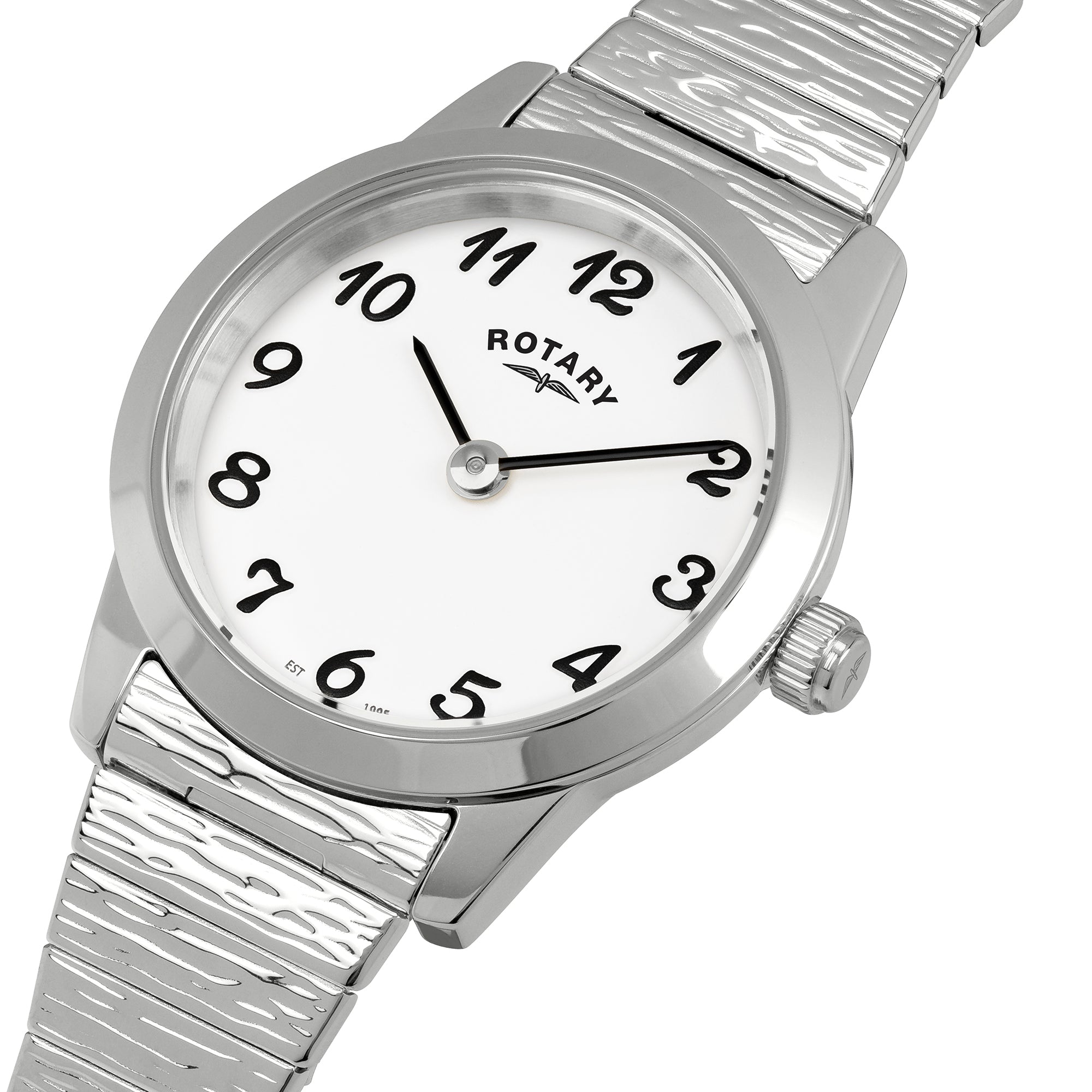 Silver Rotary wristwatch with white dial and black numbers on a white background