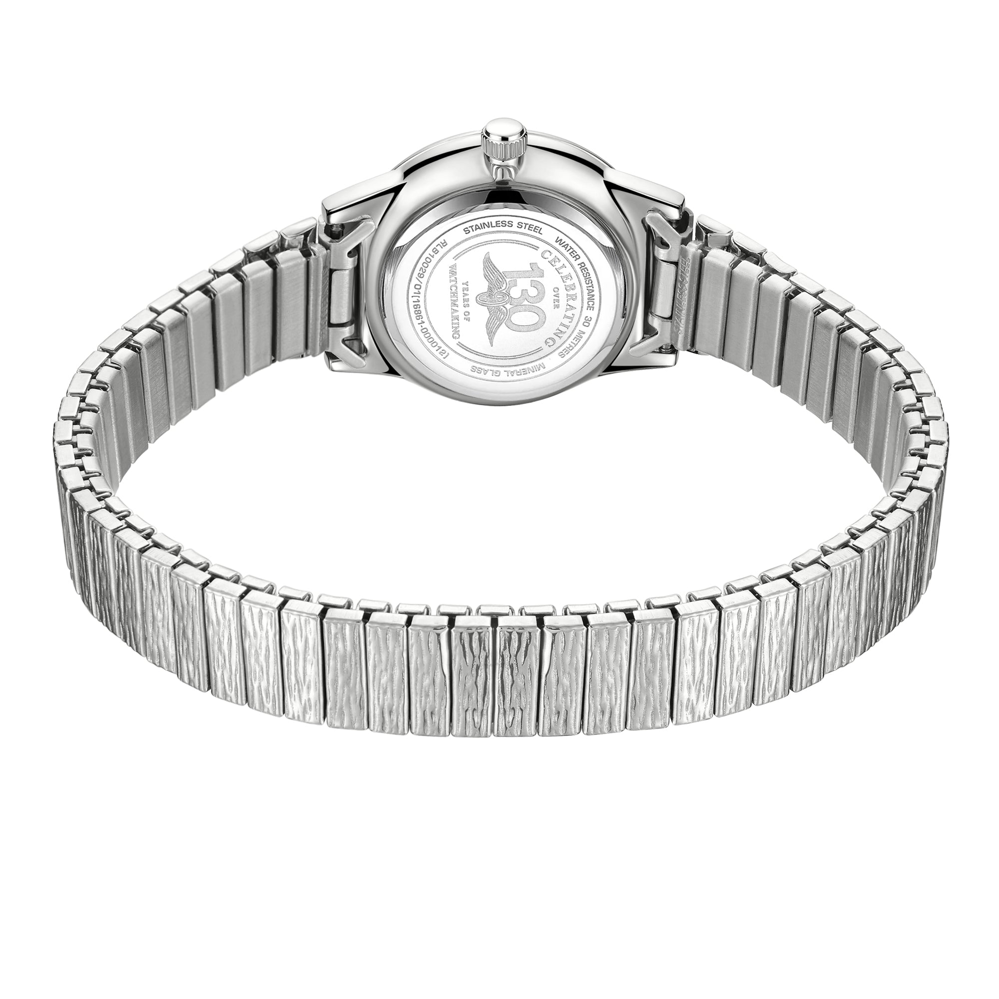 Silver Rotary watch with a detailed face on a white background