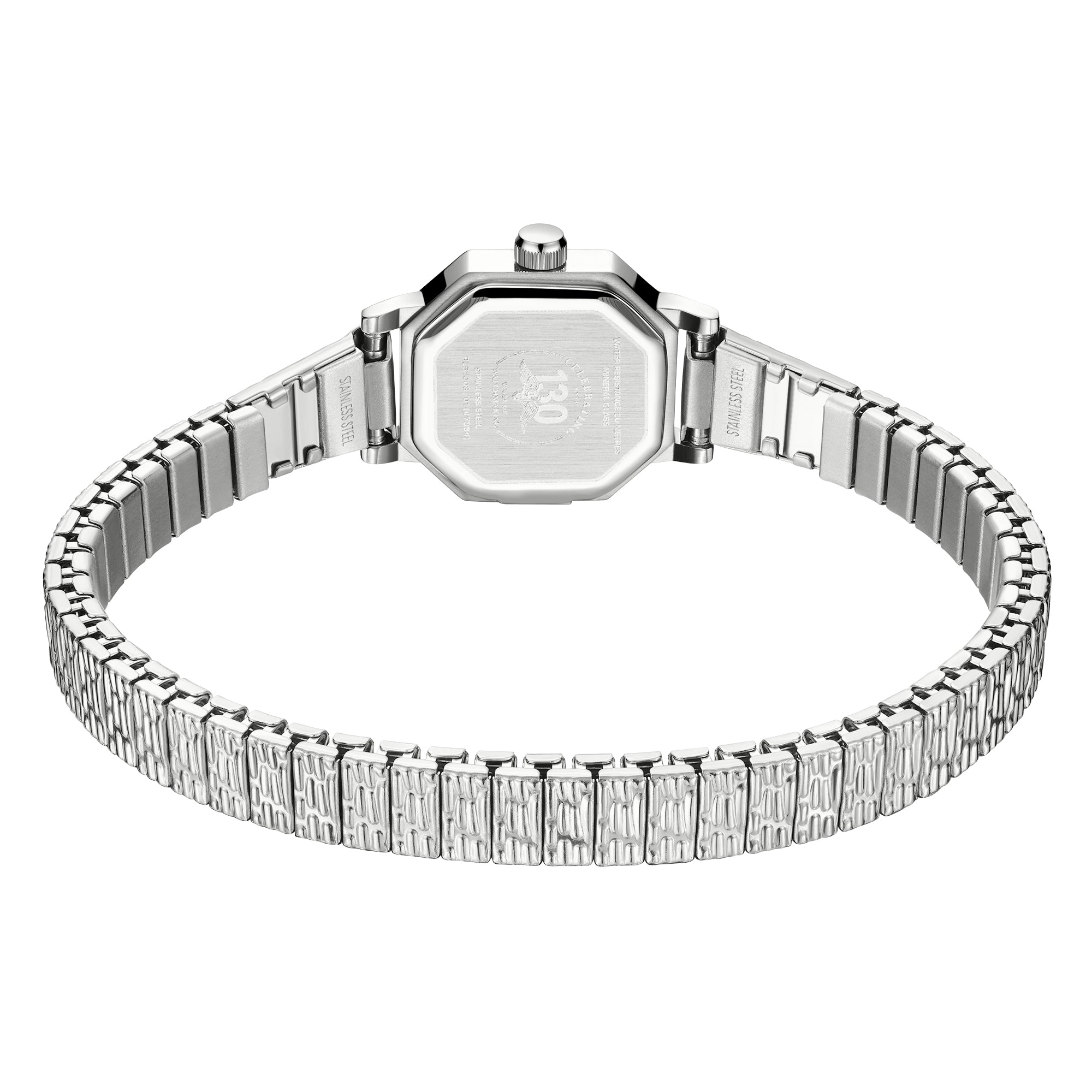 Silver Rotary watch with a detailed bracelet on a white background