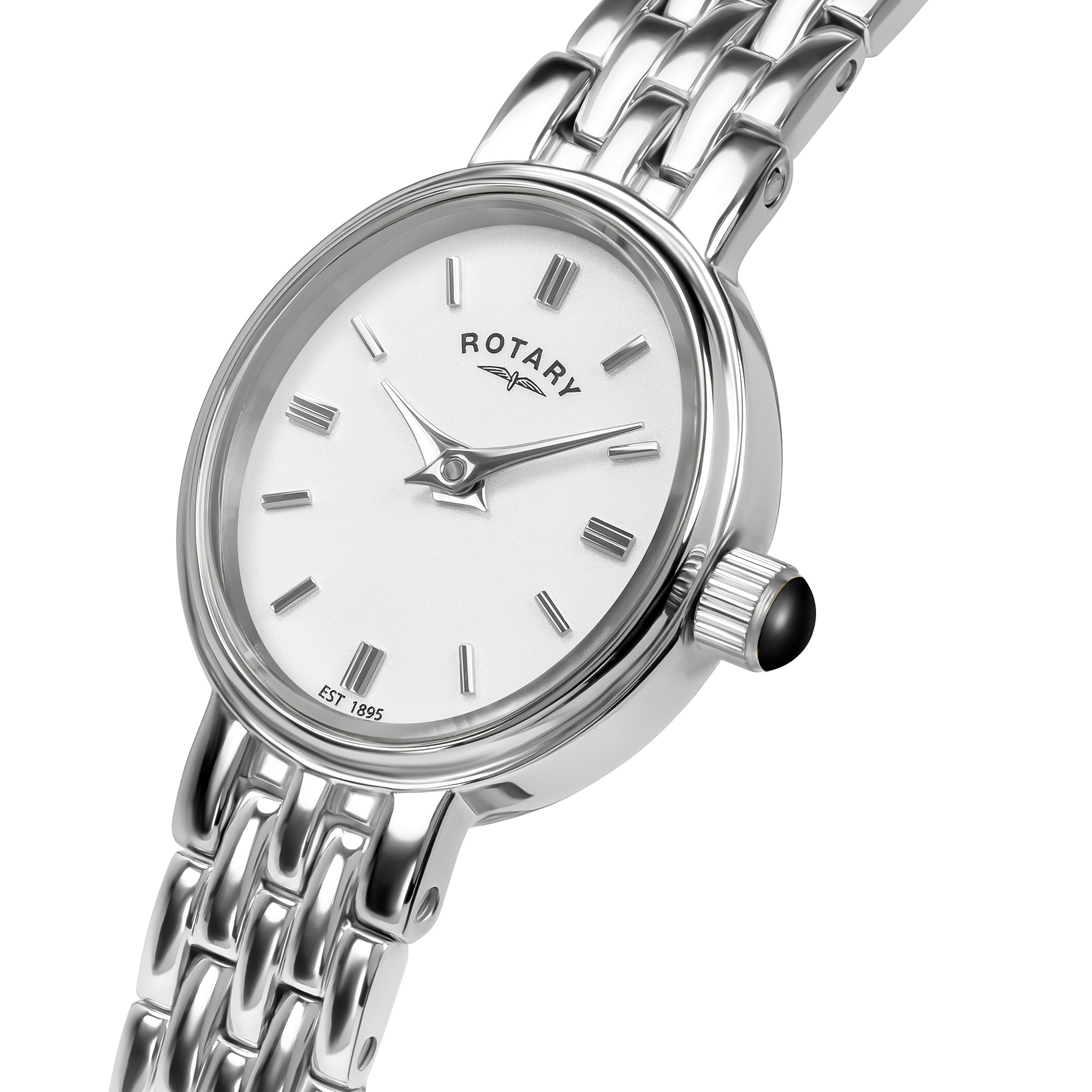 Silver Rotary watch with a white face on a white background