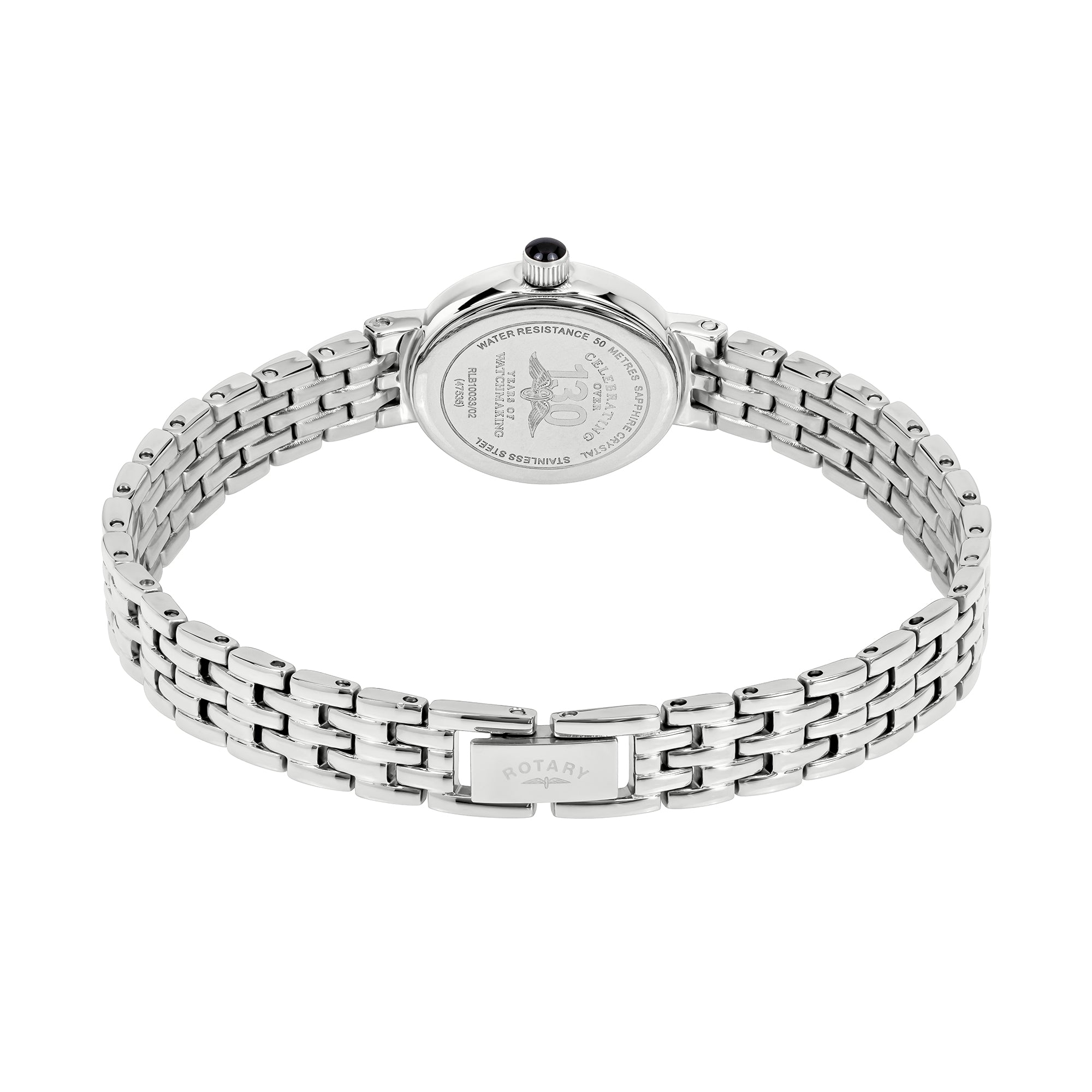 Silver Rotary watch with a detailed face on a white background