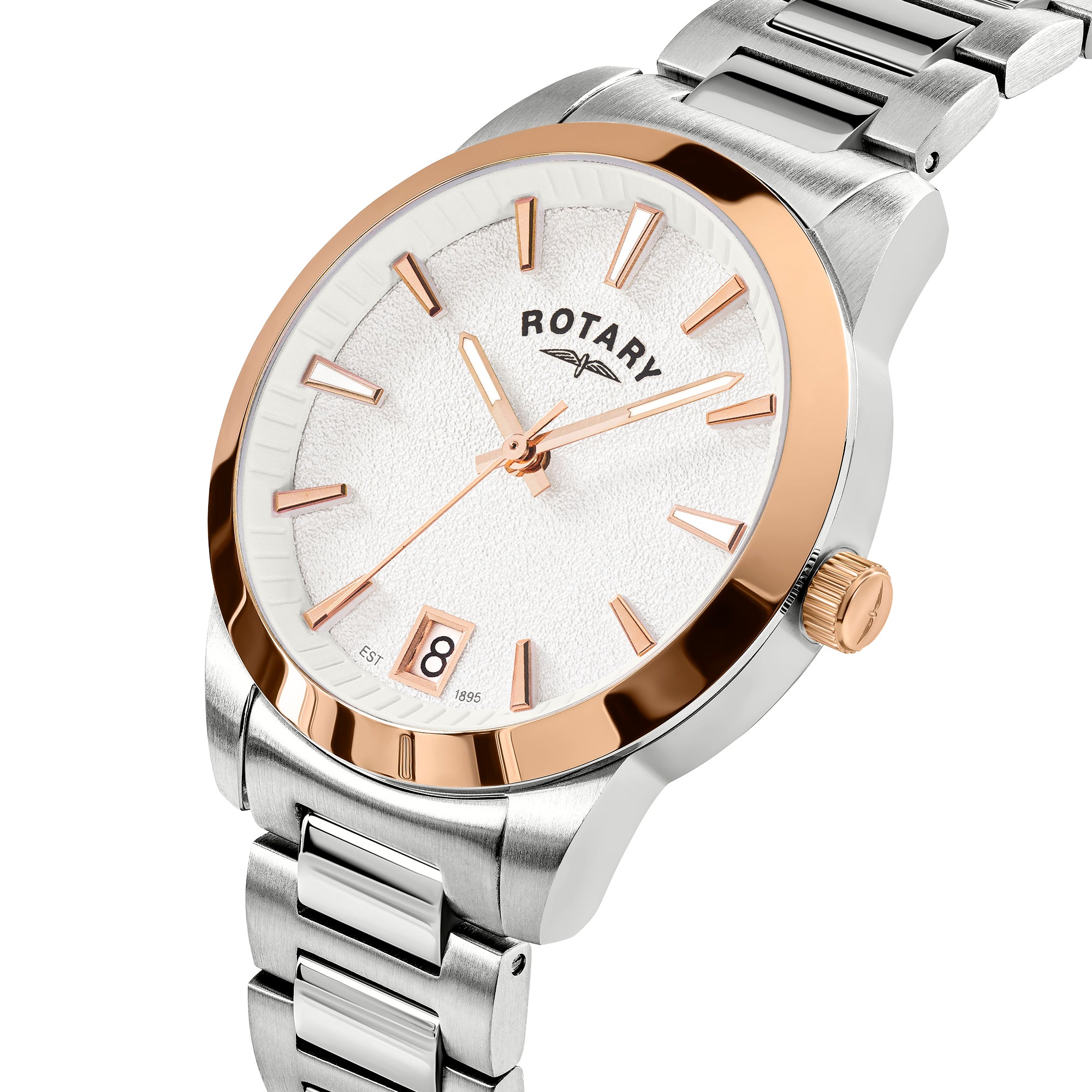 Silver and rose gold Rotary watch with white face on a white background