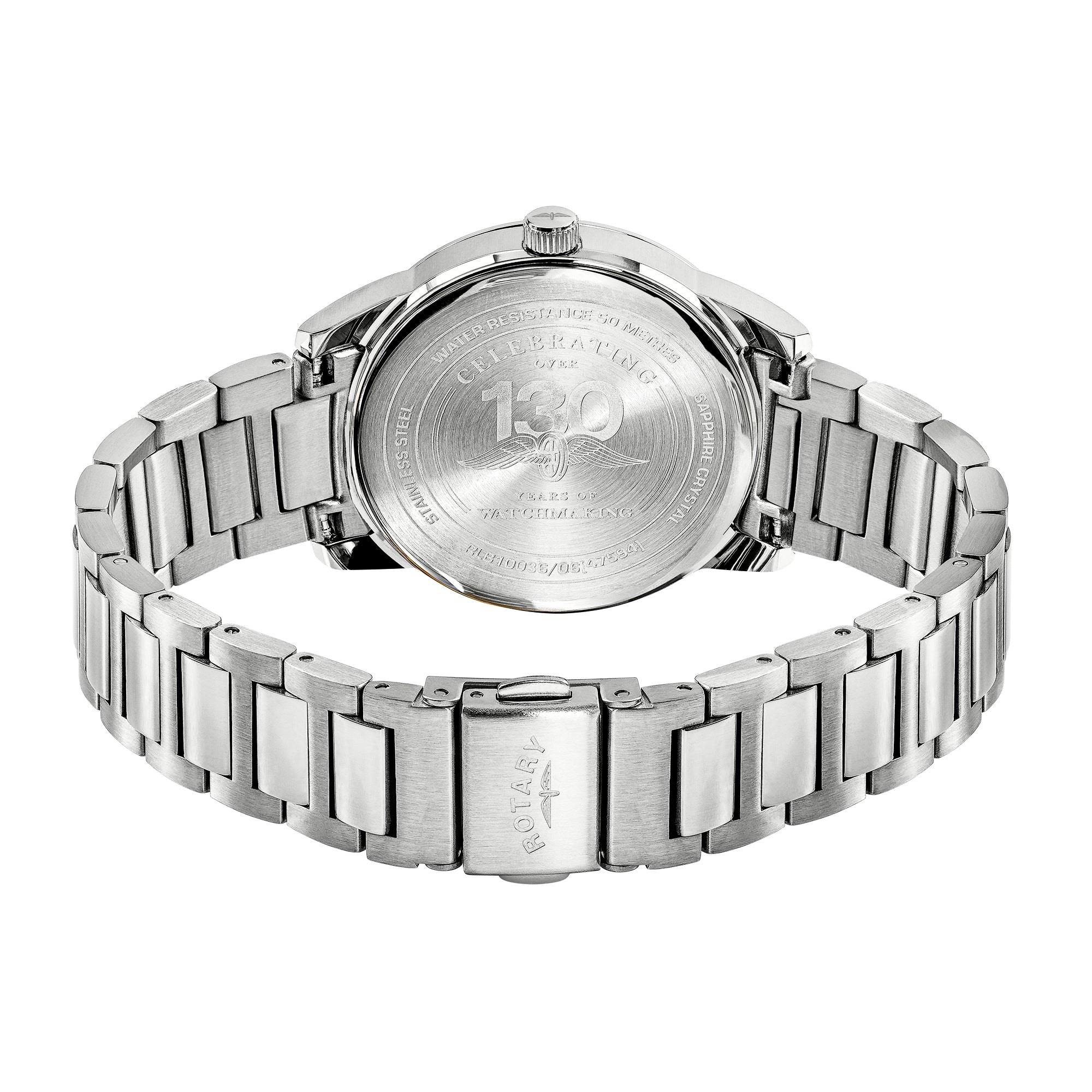 Silver Rotary watch with a detailed face on a white background