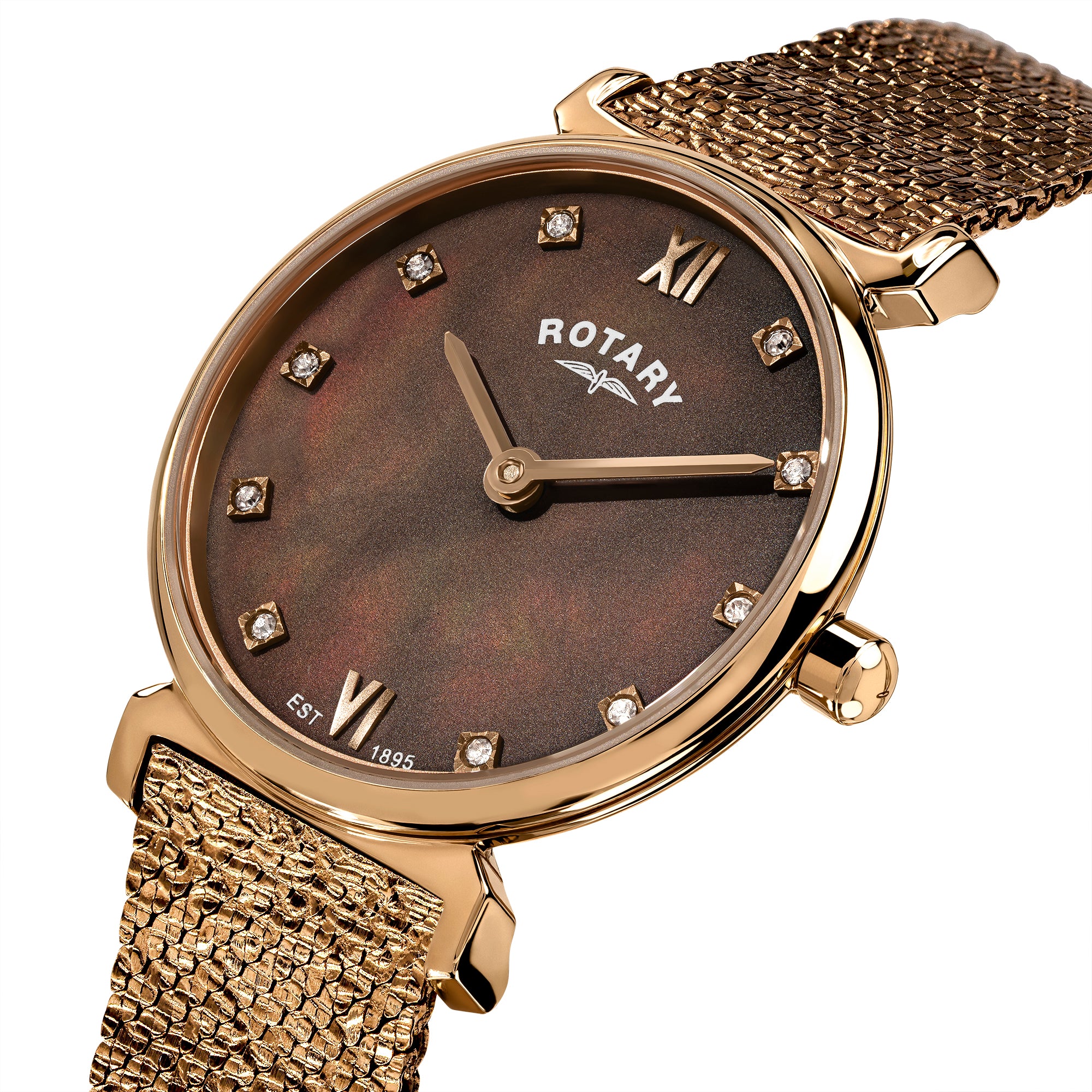 Rose gold Rotary 1895 wristwatch with a brown face featuring the Rotary brand on a white background
