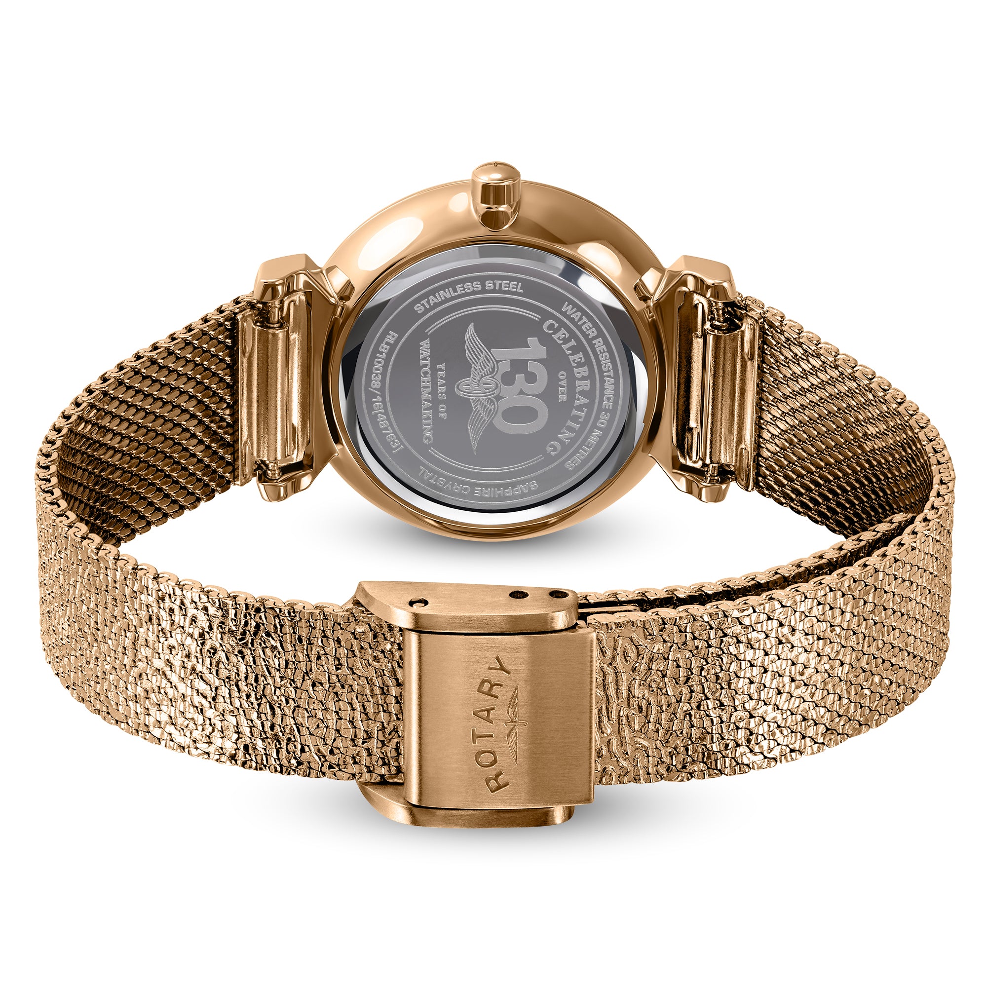 Rose gold Rotary 1895 watch with mesh band on a white background