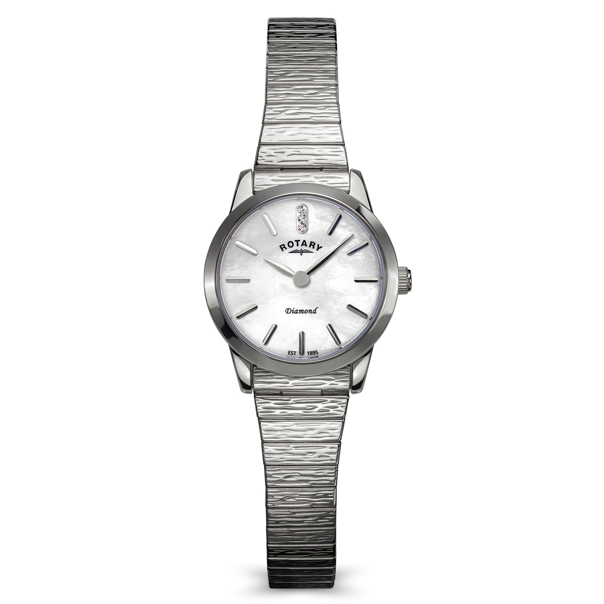 Silver Rotary Heritage Altera Diamond wristwatch with a textured band on a white background