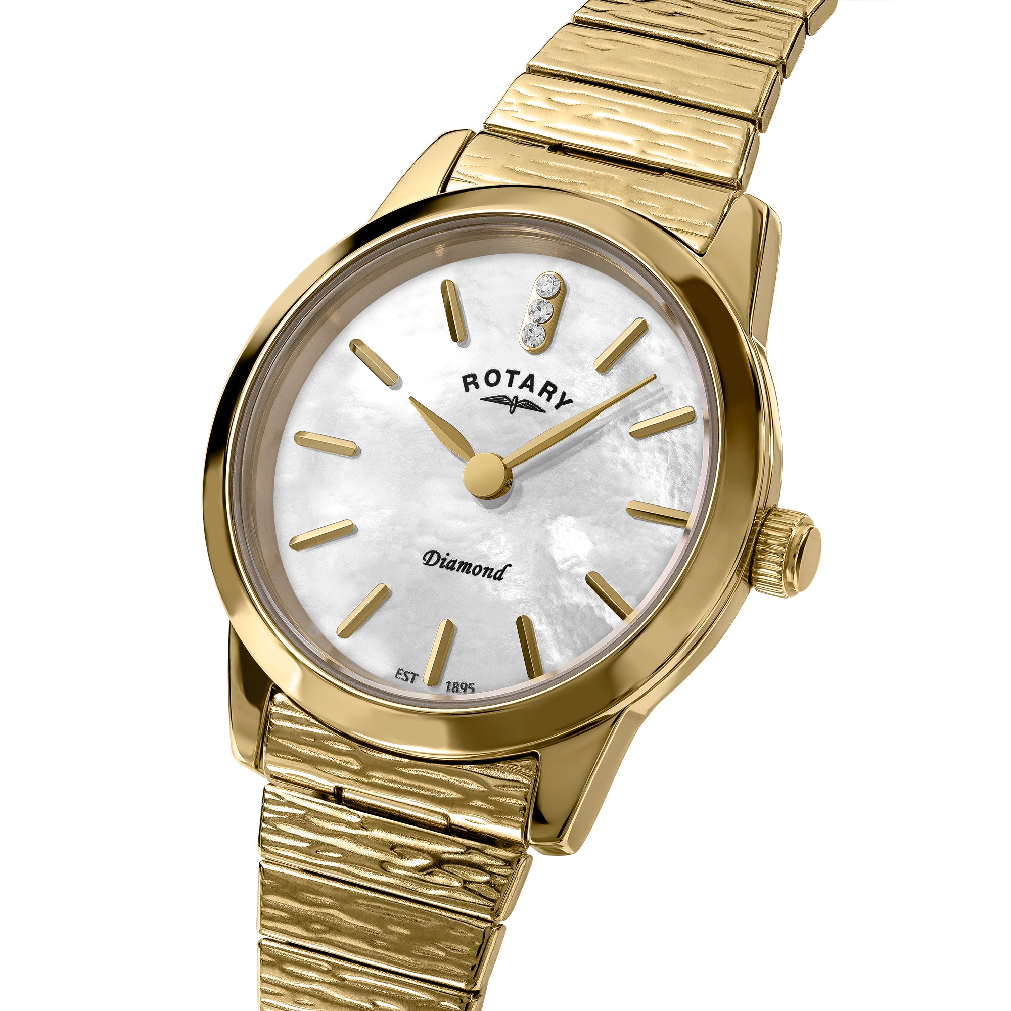 Gold Rotary Heritage Altera diamond wristwatch with a white face on a white background