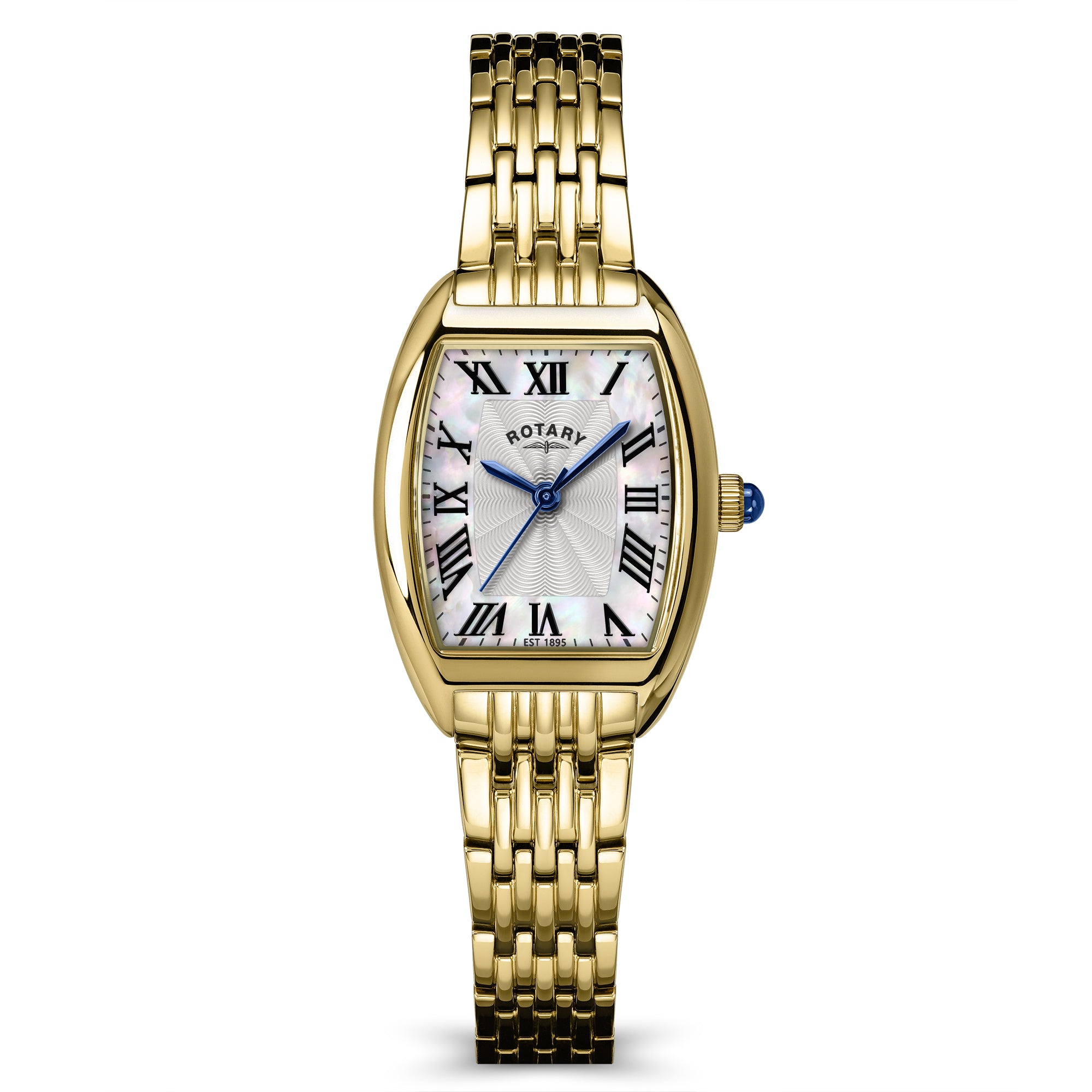 Gold Rotary 1895 Tonneau wristwatch with a white face and blue hands on a white background