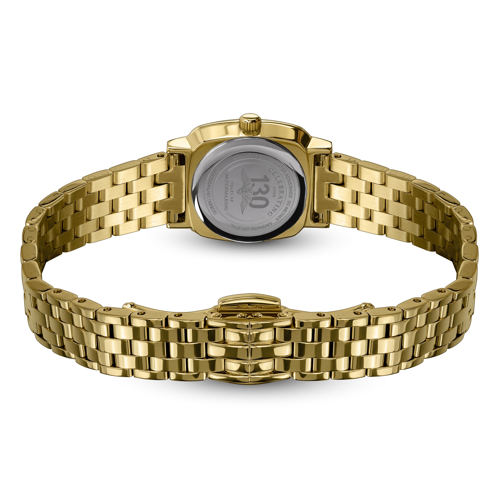 Gold Rotary Heritage Astoria watch with a detailed bracelet on a white background