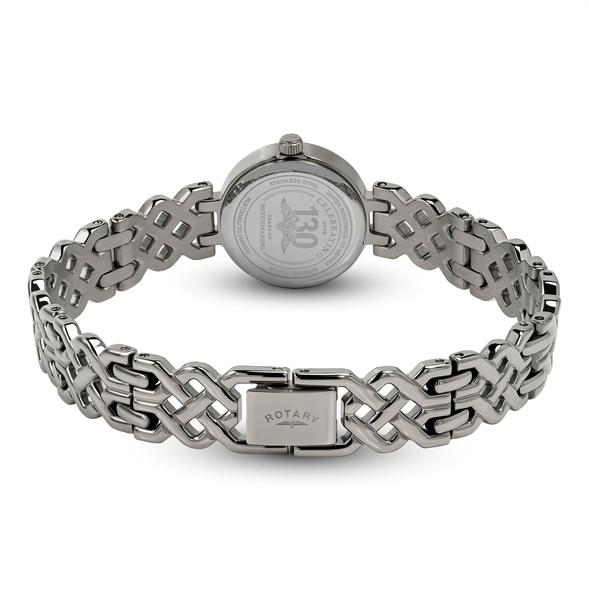 Silver Rotary 1895 watch with intricate band design on a white background