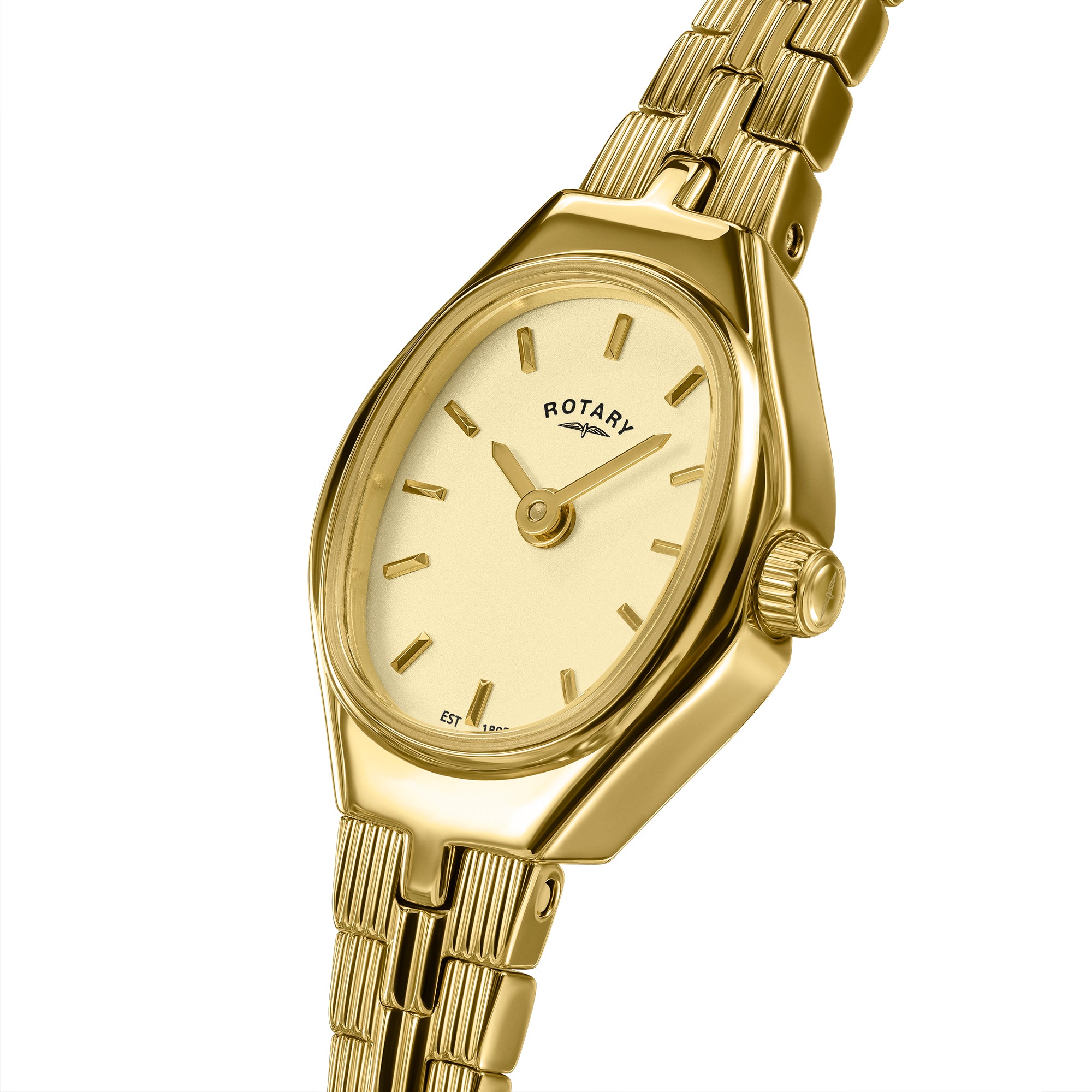 Gold Rotary ladies wristwatch with a white face on a white background