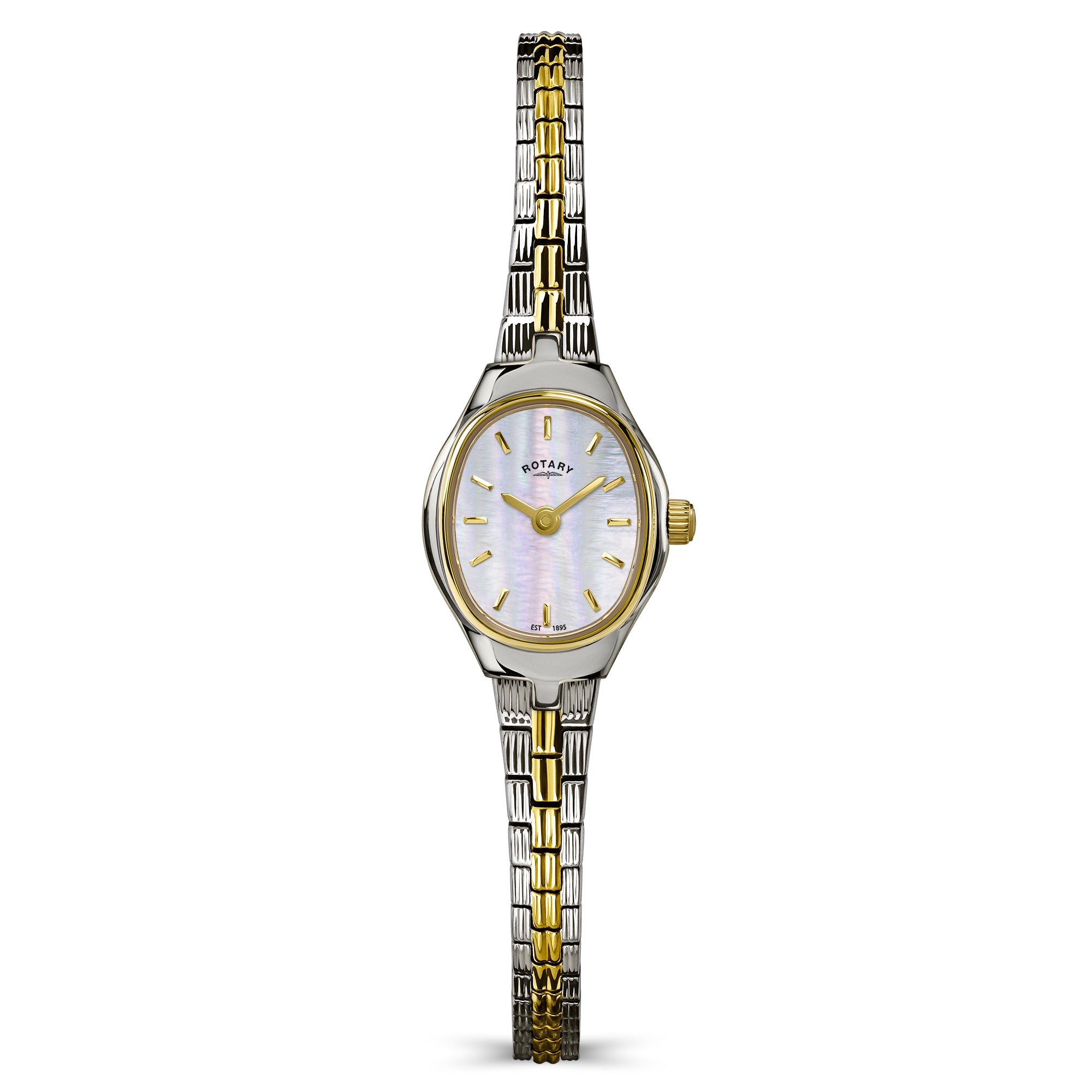 Two-tone Rotary ladies watch with gold and silver bracelet on a white background