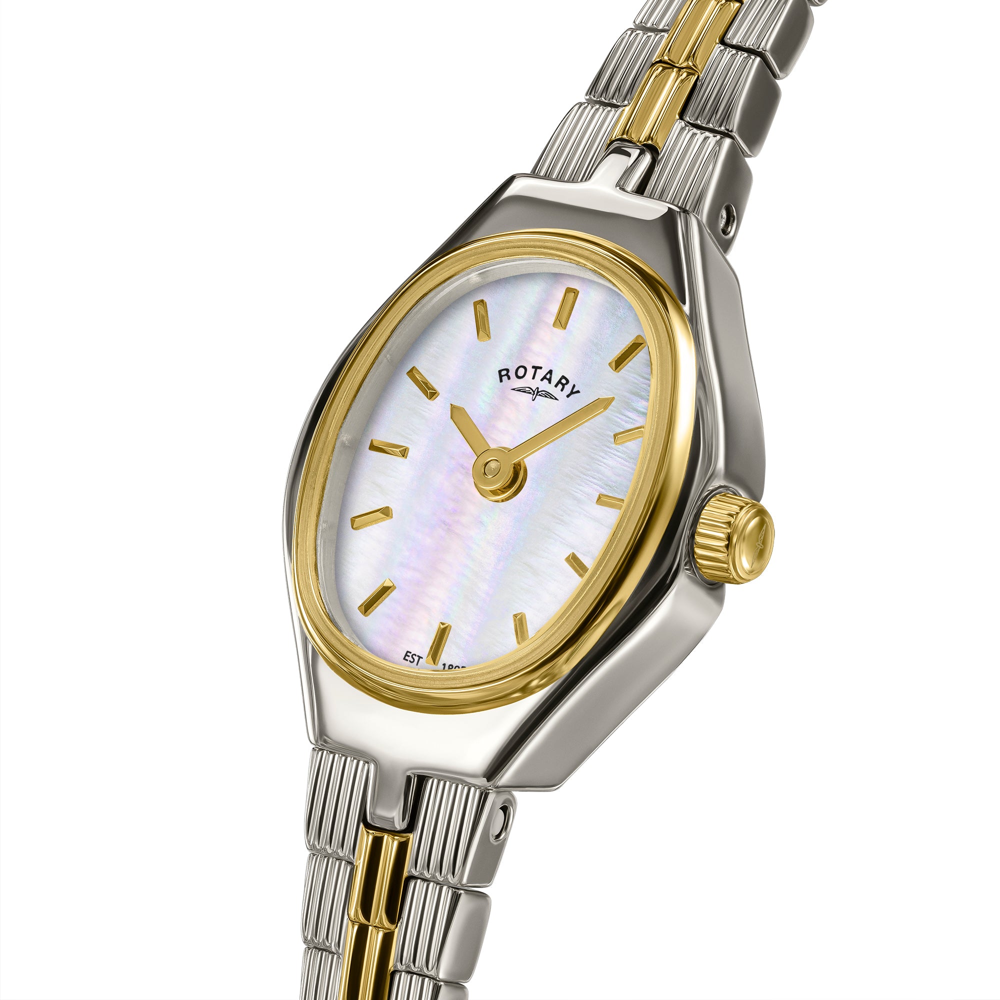 Two-tone Rotary ladies watch with silver and gold bracelet on a white background