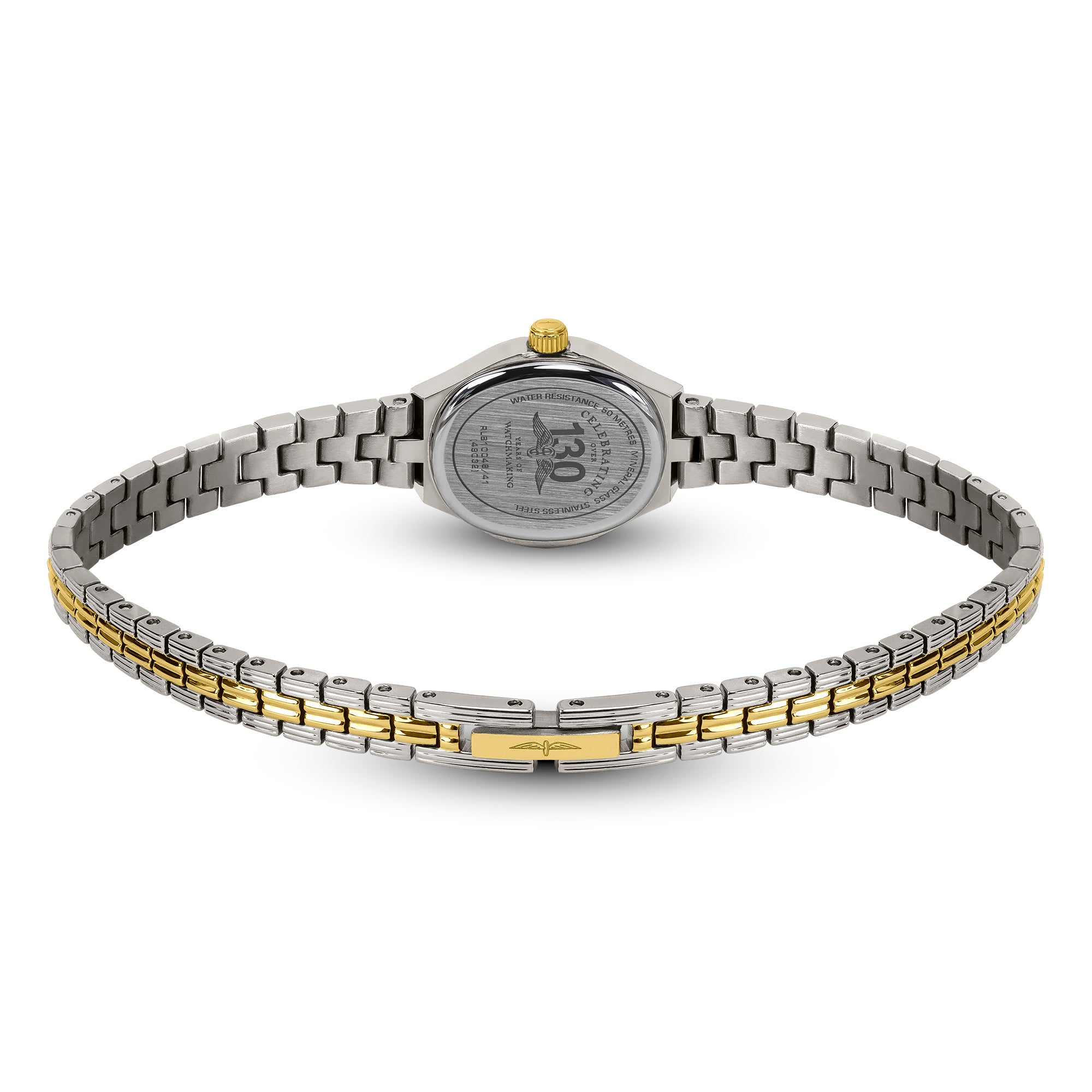 Two-tone Rotary ladies watch with silver and gold band on a white background