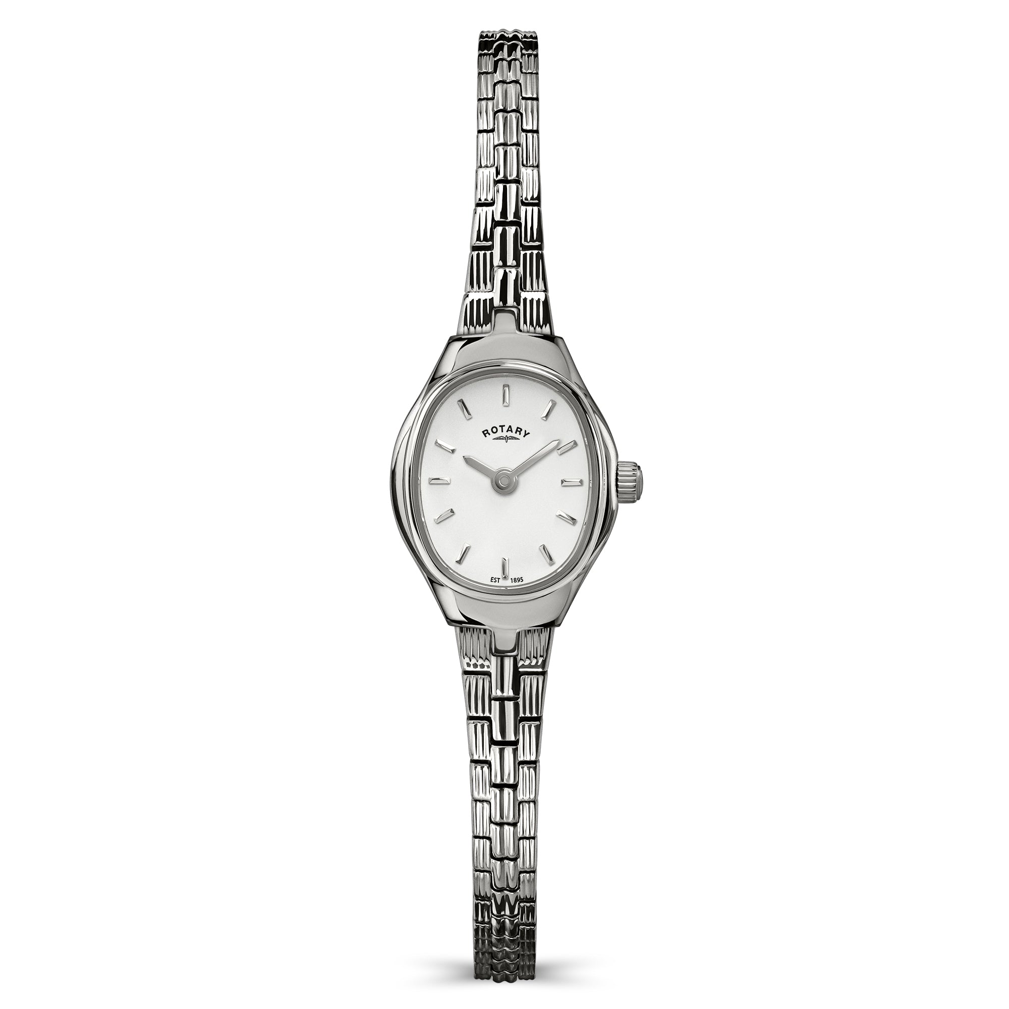 Silver Rotary ladies watch with a white face on a white background