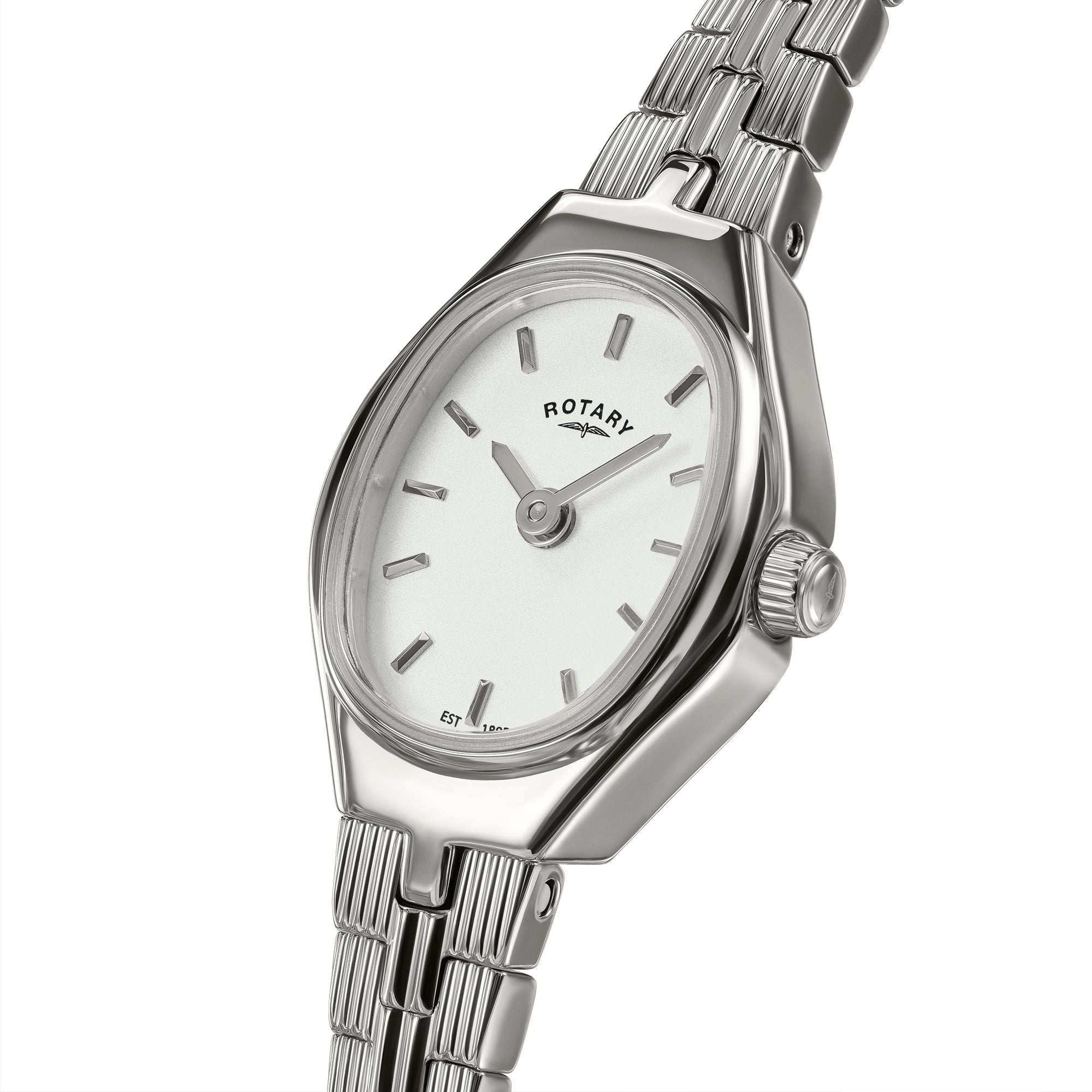 Silver Rotary ladies watch with a white face on a white background