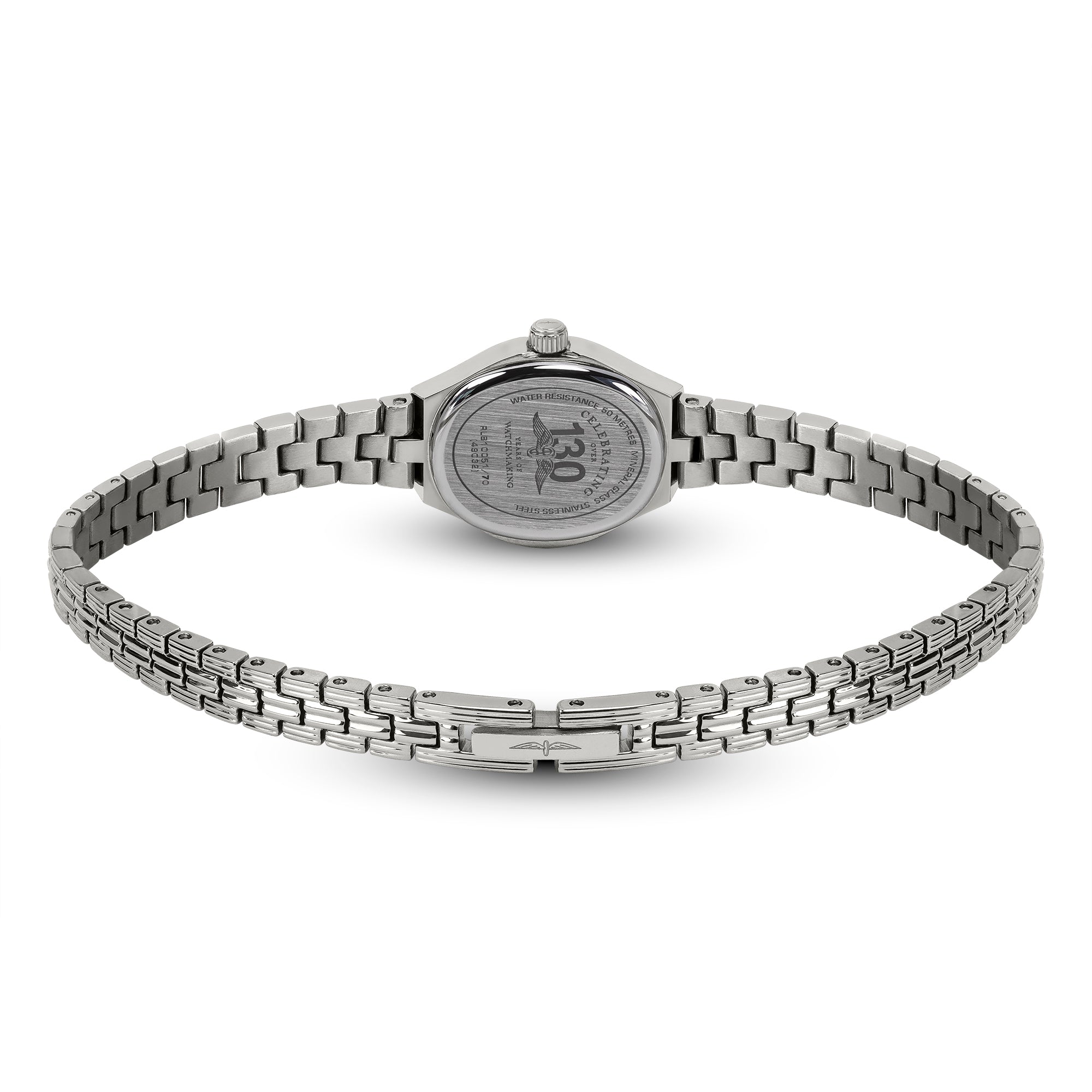 Silver Rotary ladies watch with a stainless steel bracelet on a white background