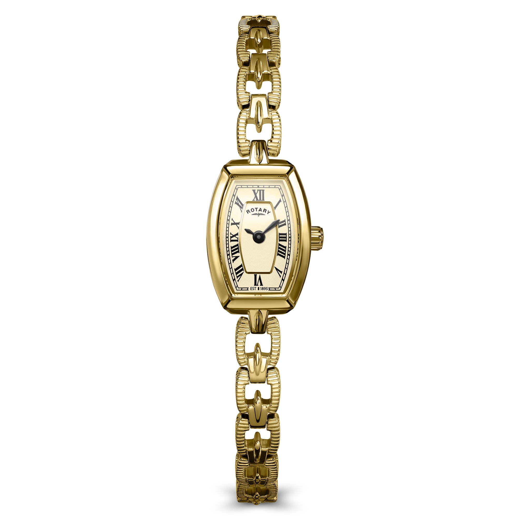 Gold Rotary ladies wristwatch with a white face on a white background