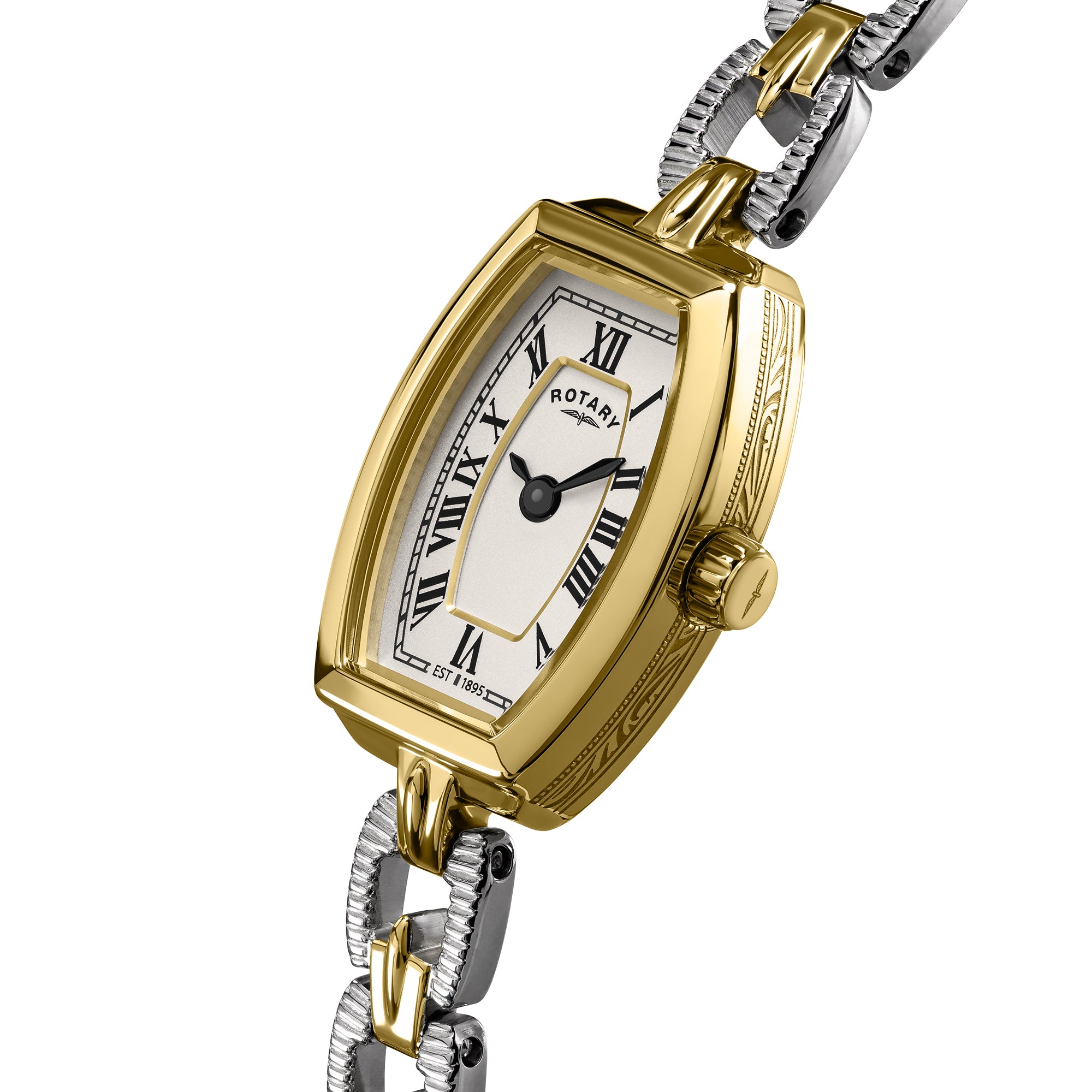 Gold and silver ladies Rotary watch with white face and Roman numerals on a white background.