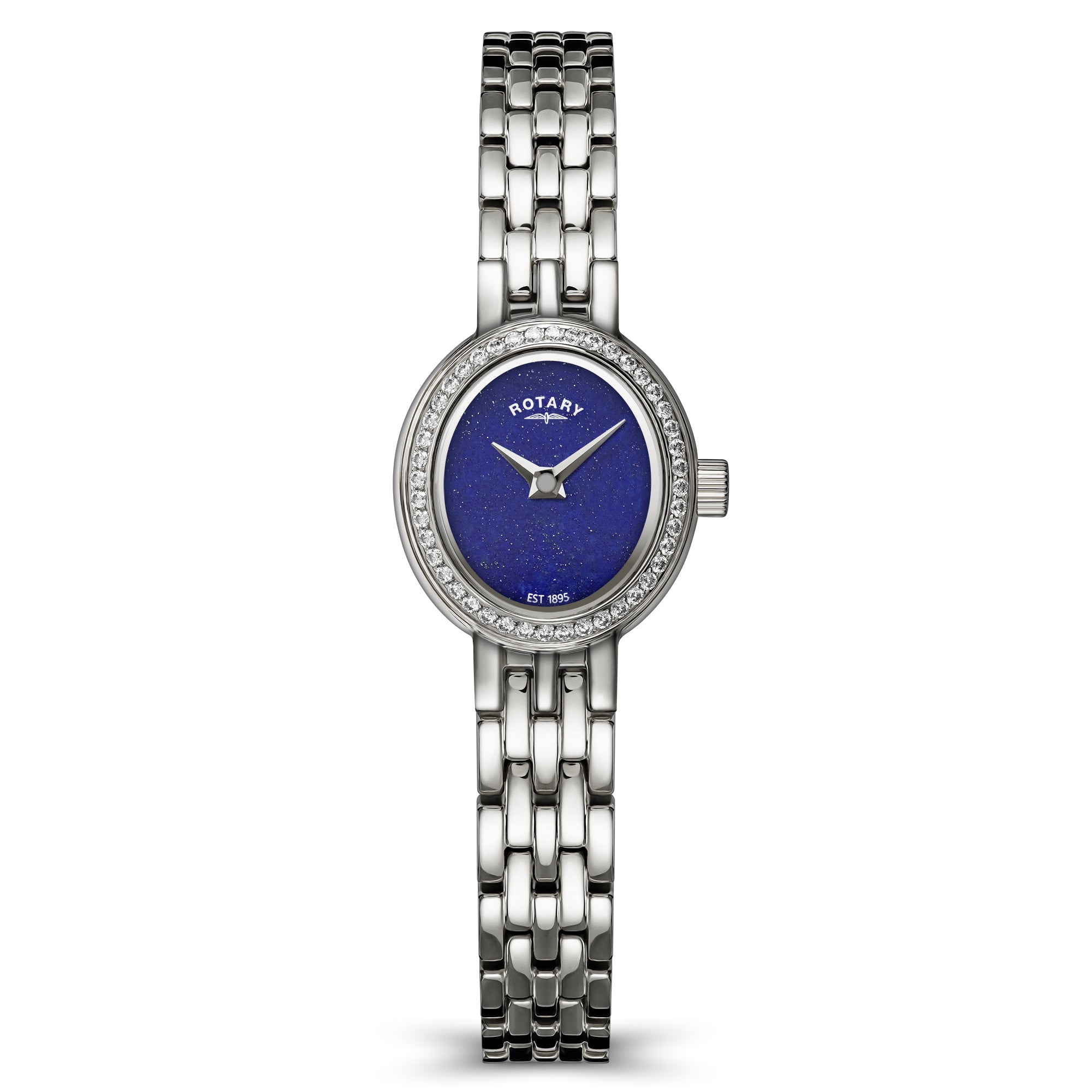 Silver Rotary cocktail watch with a blue aventurine dial on a white background