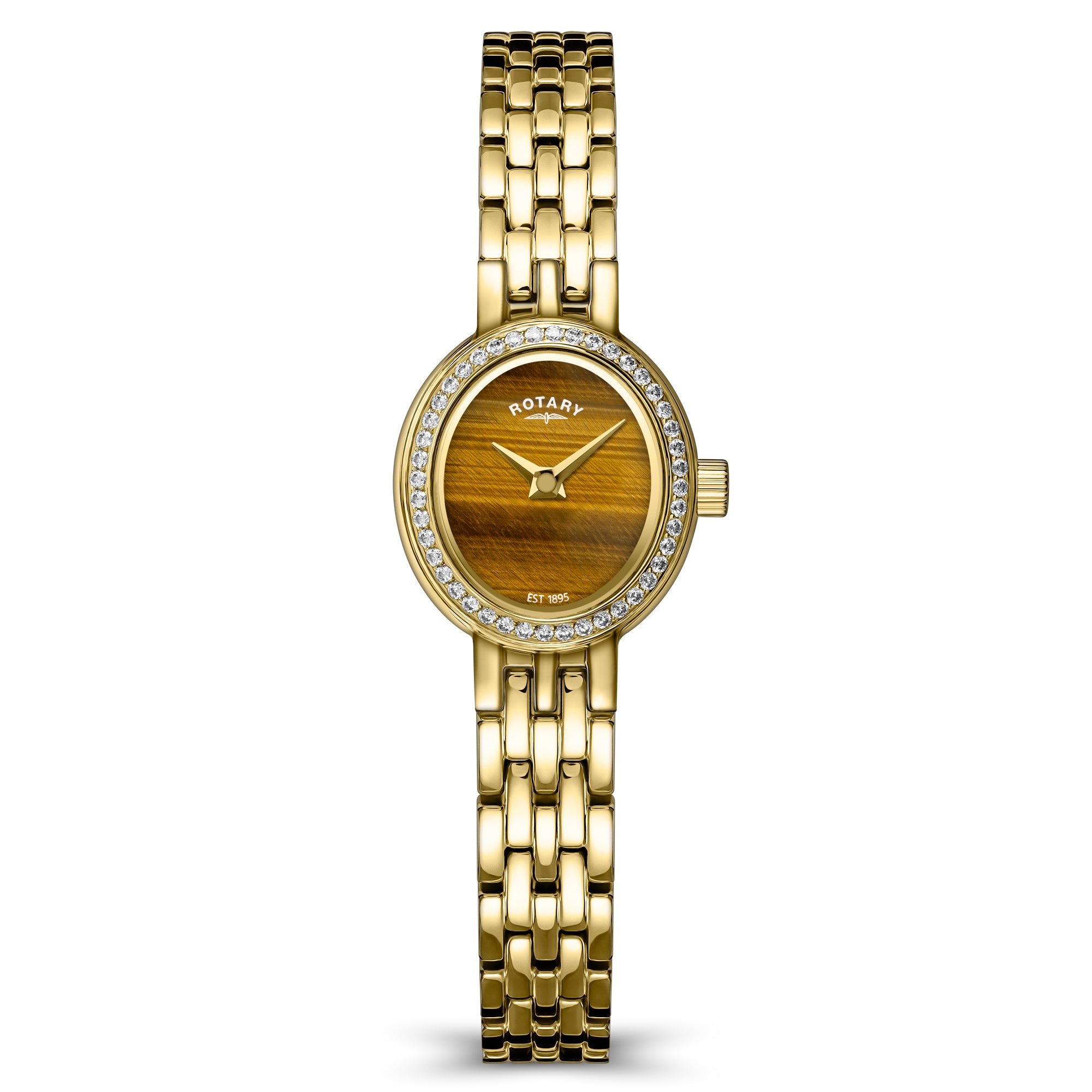 Gold Rotary cocktail wristwatch with a tigers eye dial on a white background