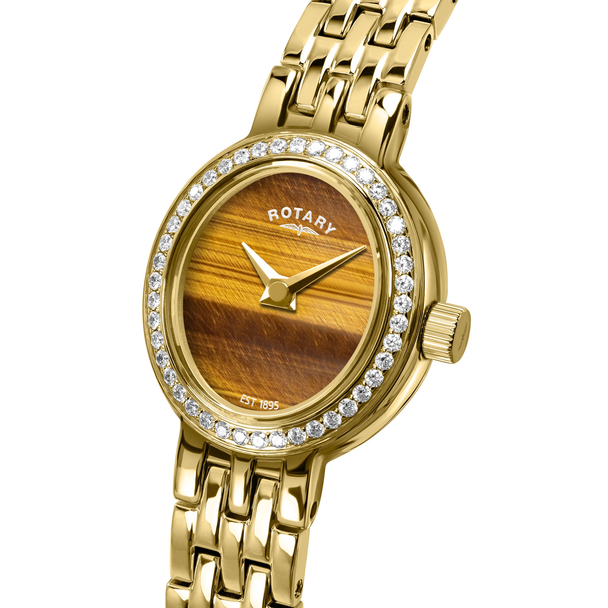 Gold wristwatch with a stone tigers eye dial and gem set accents on a white background