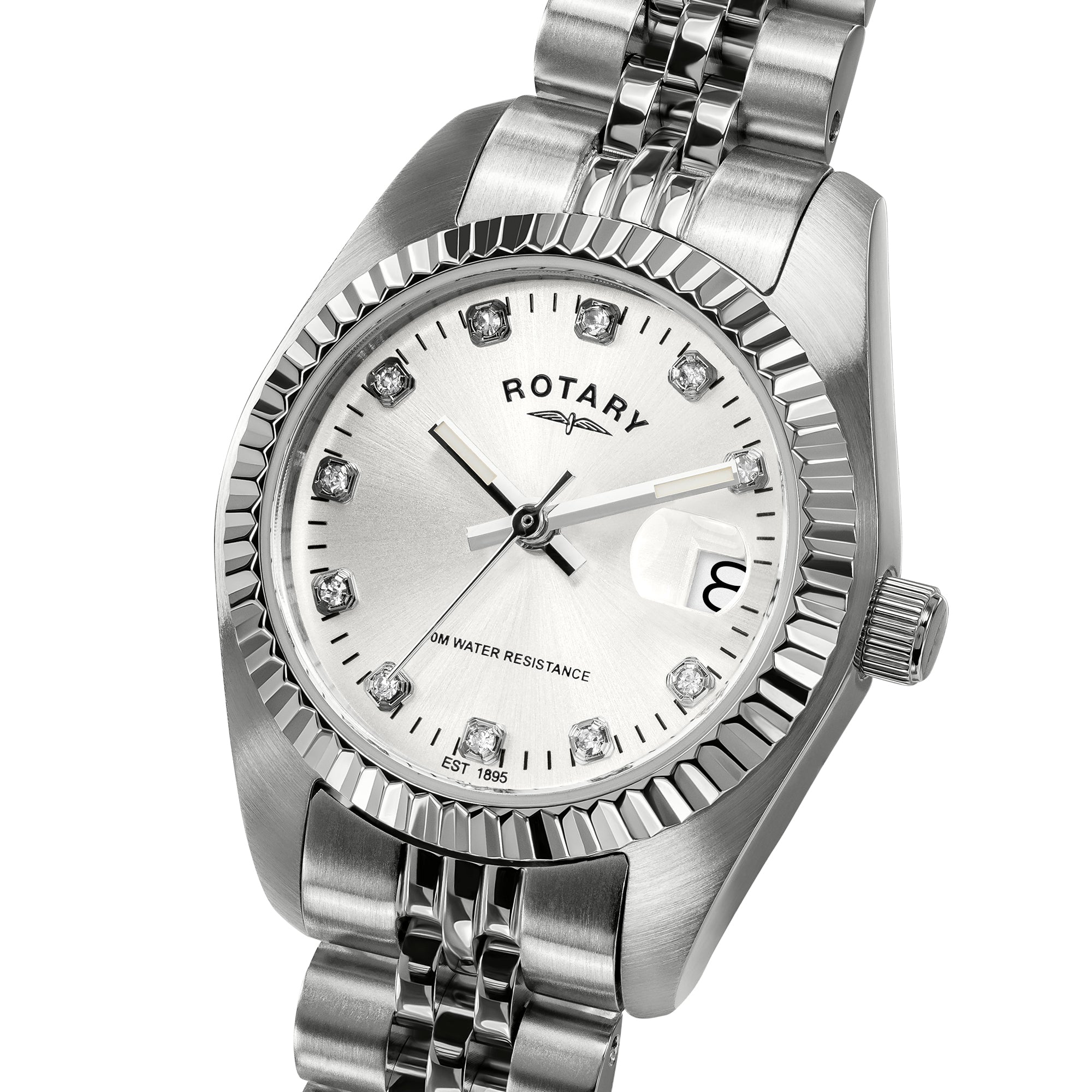 A silver stainless steel Rotary wristwatch with a fluted bezel, silver dial, and matching steel link bracelet, shown on a white background. The watch features crystal hour markers and a date window at the 3 o'clock position.
