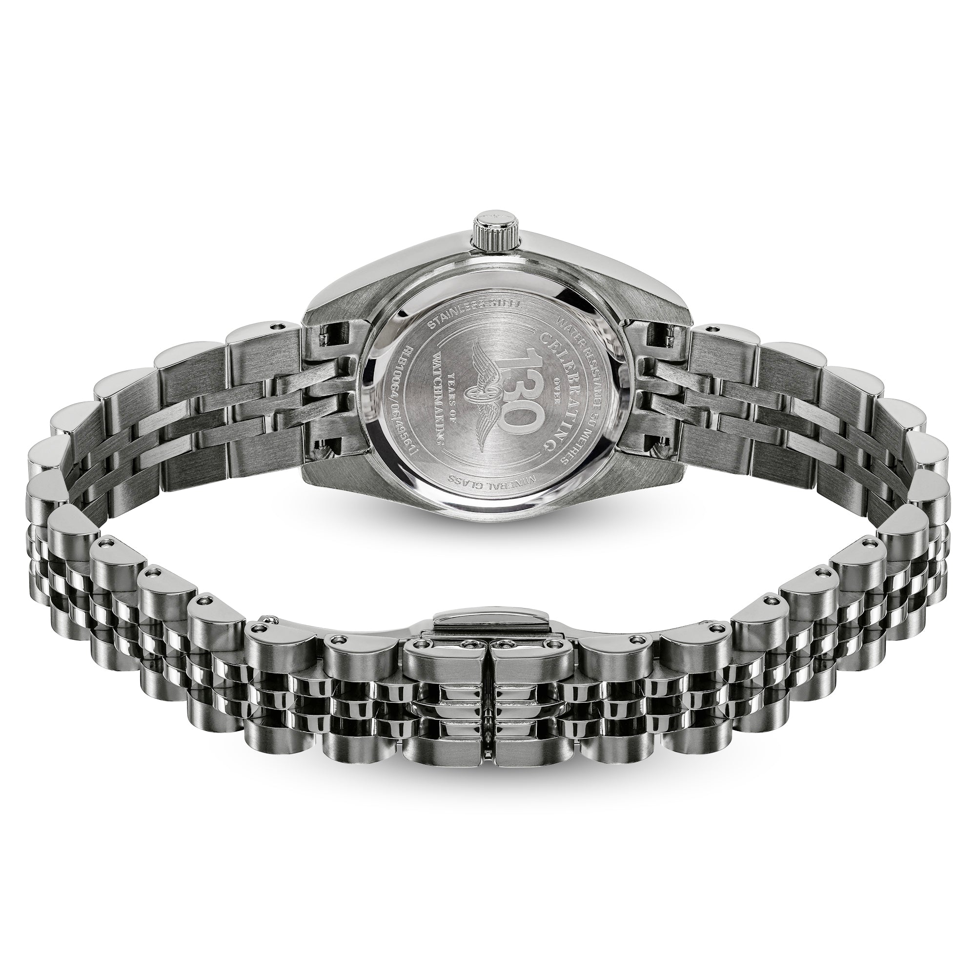 A stainless steel Rotary wristwatch shown from the back, featuring a multi-link metal bracelet and a polished round case with engraved details on the back cover, set against a plain white background.
